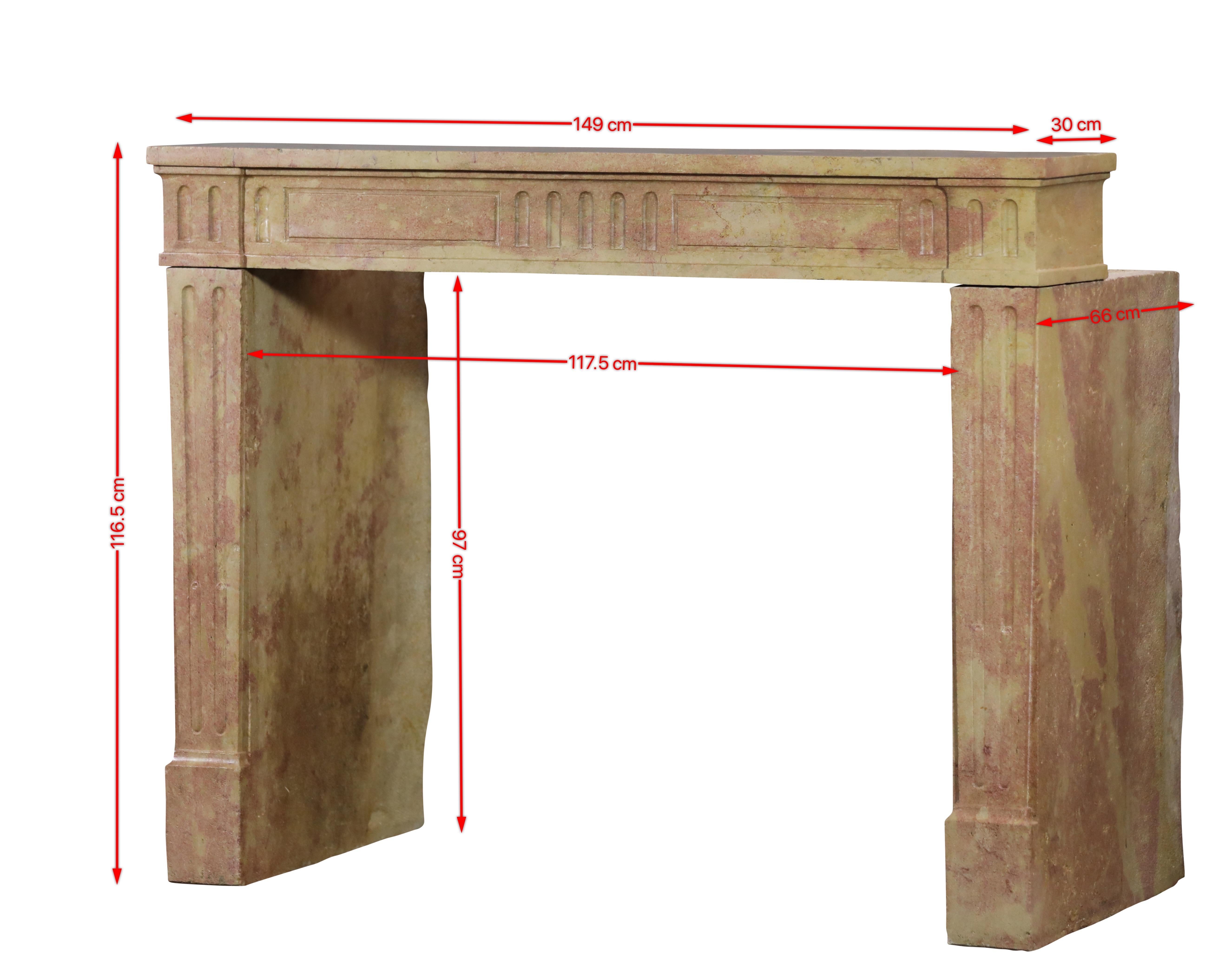 Classic French Louis XVI style fireplace mantle in multi color hard stone from the Dijon Region.
This is a 19th century period timeless decorative element for authentic interior design concept. 
Measures:
149 cm Exterior Width 58,66 Inch
116,5 cm