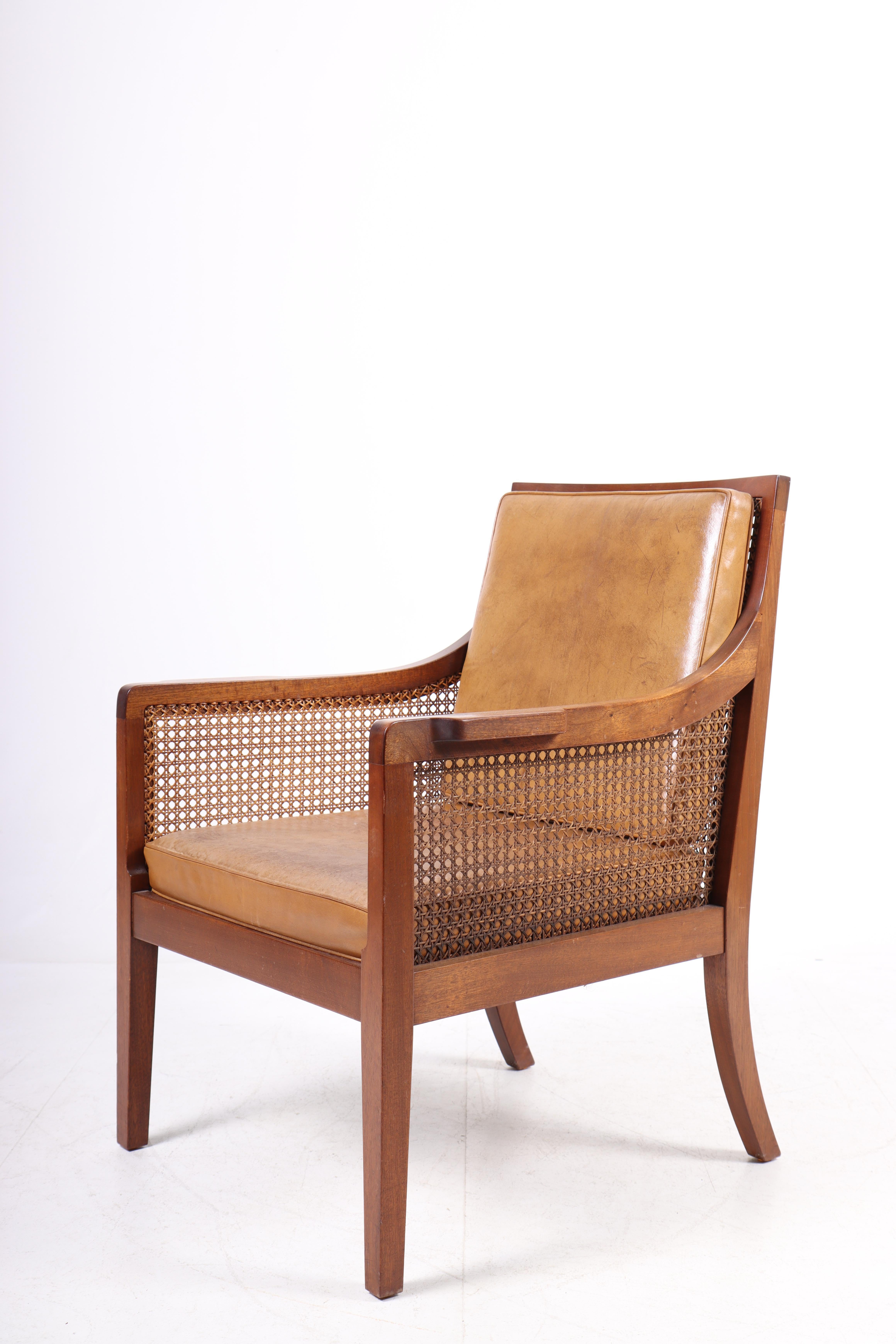 Mid-Century Modern Classic Lounge Chair in Mahogany and French Cane, Made in Denmark 1940s