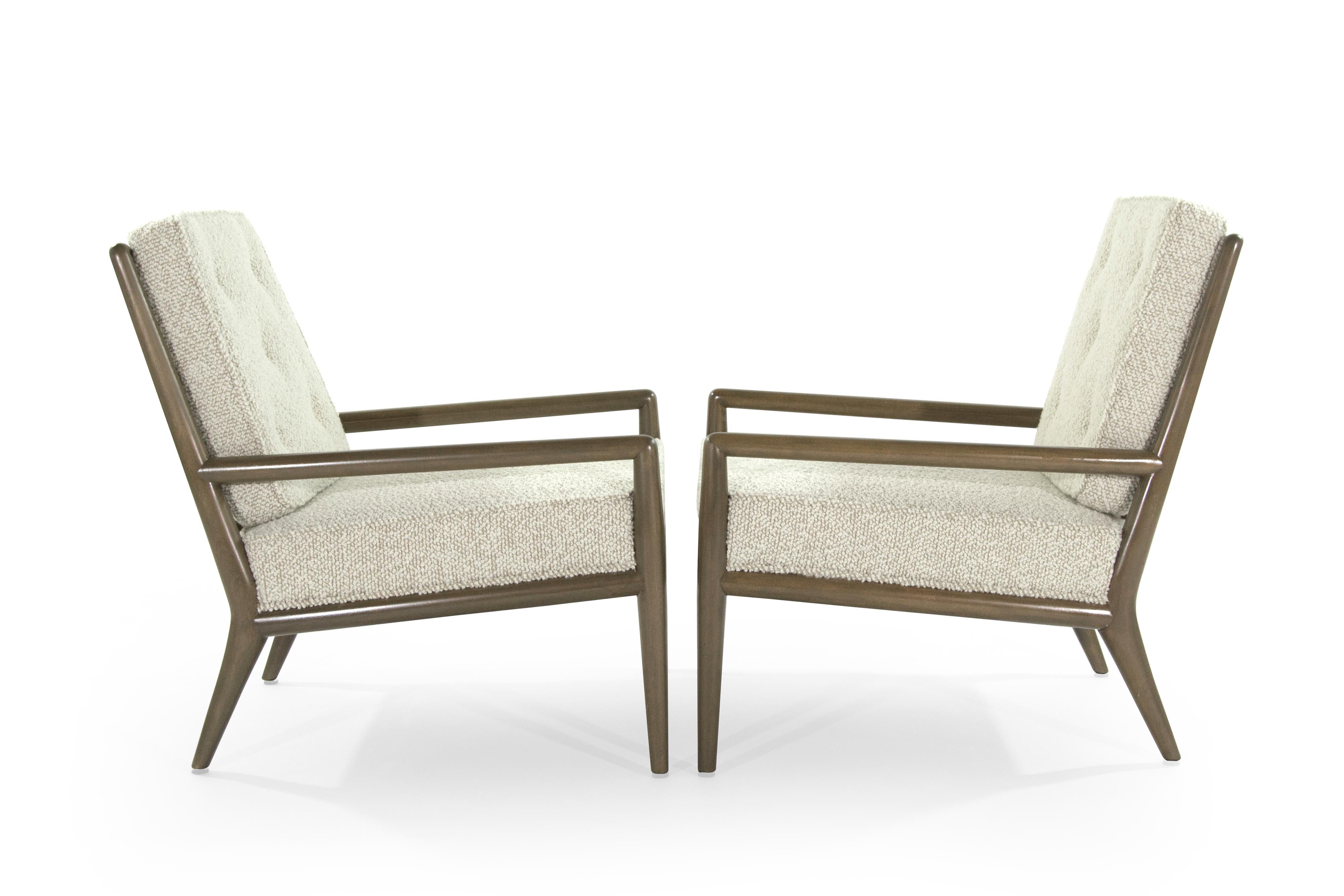 A pair of Mid-Century Modern classics! 

Designed by T.H. Robsjohn-Gibbings for Widdicomb, circa 1950s.

Newly upholstered in wool, bleached walnut frames fully restored.