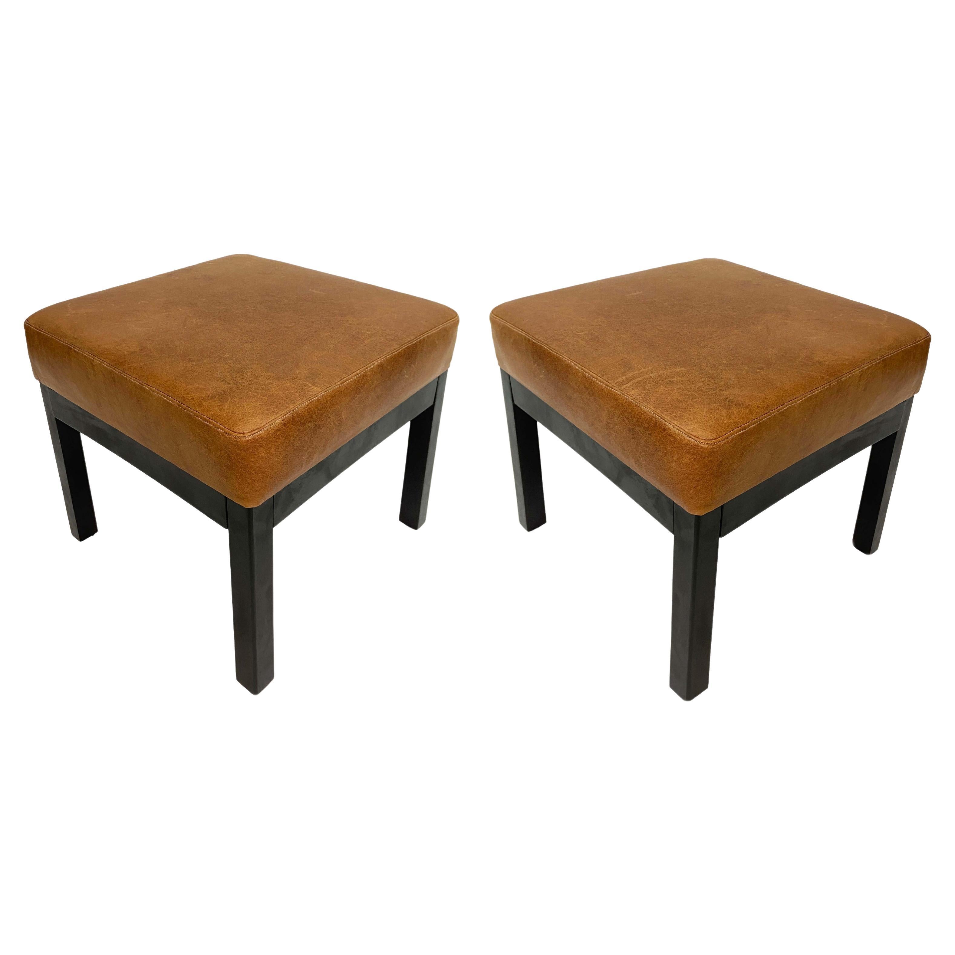 Classic Low Stools in Brown Leather, Pair For Sale