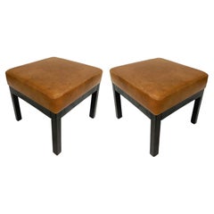 Classic Low Stools in Brown Leather, Pair