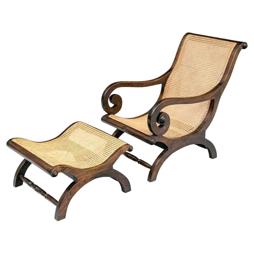 Classic Mahogany And Cane Plantation Chair And Ottoman