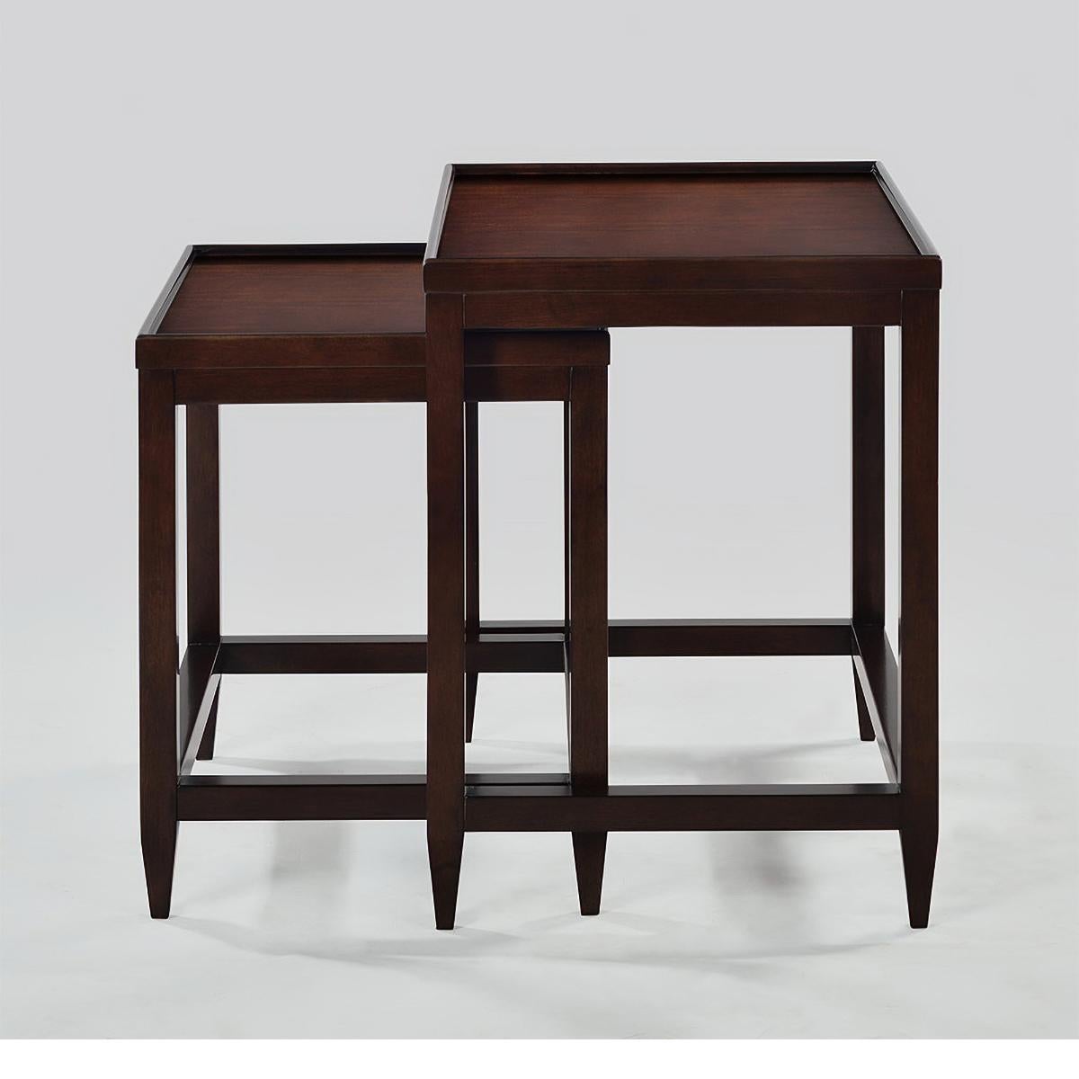A Classic nest of tables, two rectangular nested side tables with a “rustic” dark brown mahogany finish with a hand-rubbed finish.

Dimensions: 24