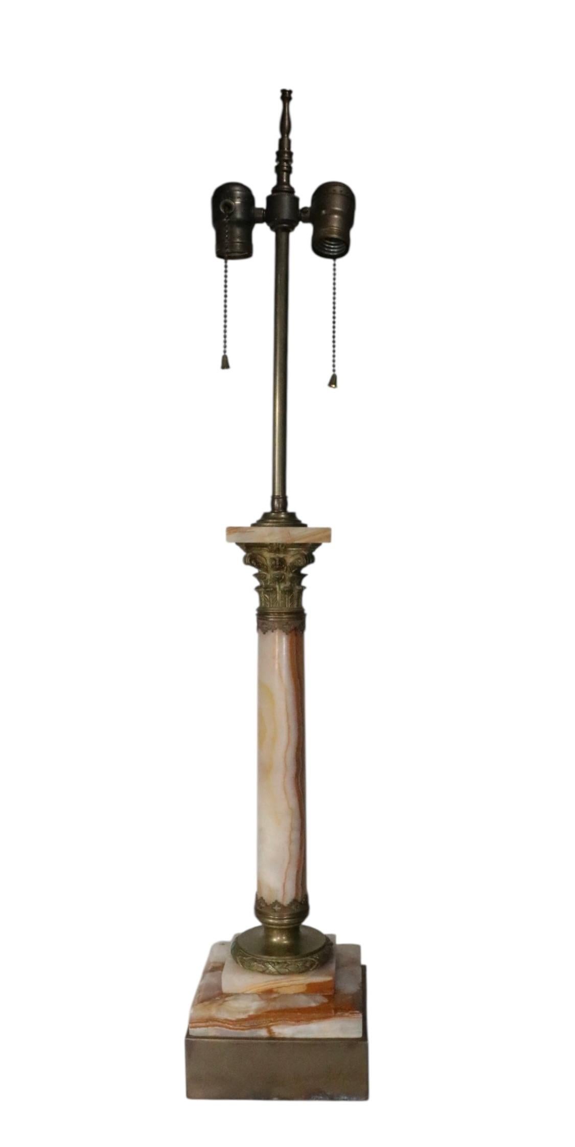 Classical marble and brass column lamp, having dramatic and graphic marble  with finely cast brass elements. Probably 19th C French, later wired for electric. The lamp is in very good, clean, working ready to use condition, showing only light