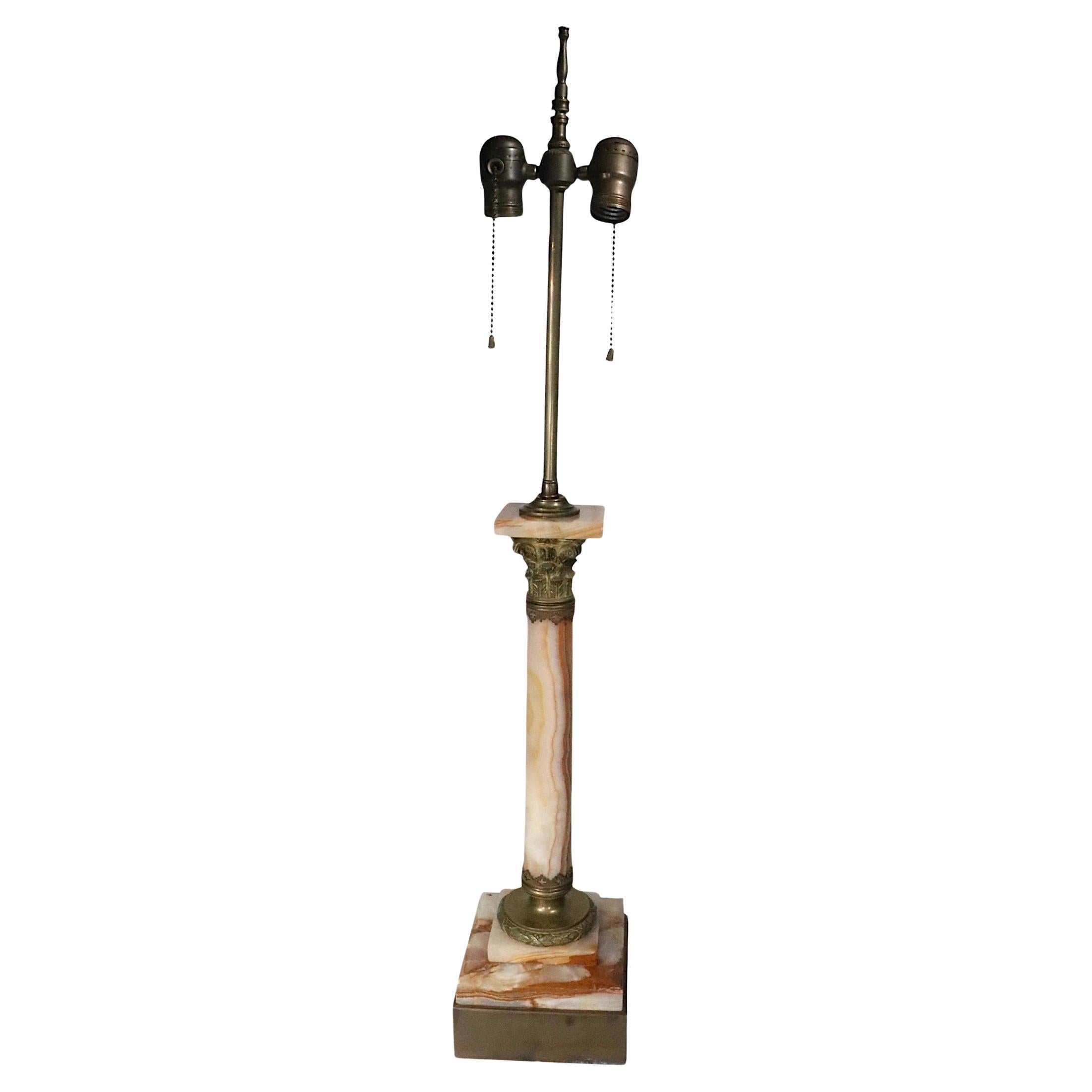 Classic Marble Column Form Lamp with Cast Brass Capitol For Sale