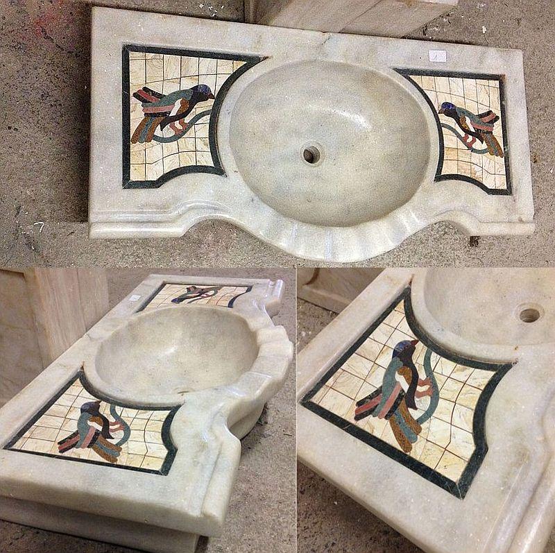 Carved Classic Marble Sink Basin with Inlaid Birds