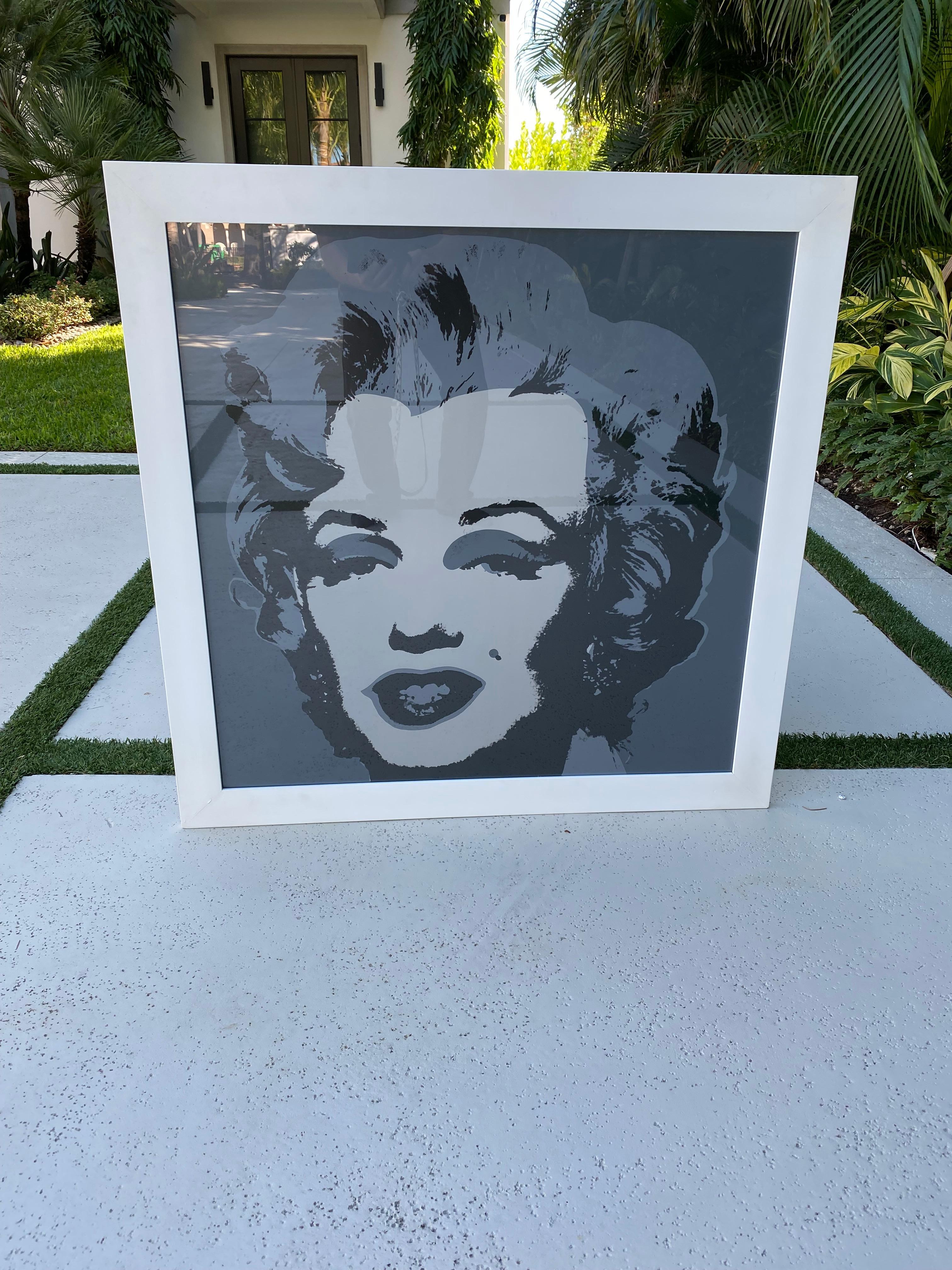 Wonderful classic Warhol-like silkscreen with shades of gray in modern matte white frame with glass. The print is very neutral and would look great in so many interiors.