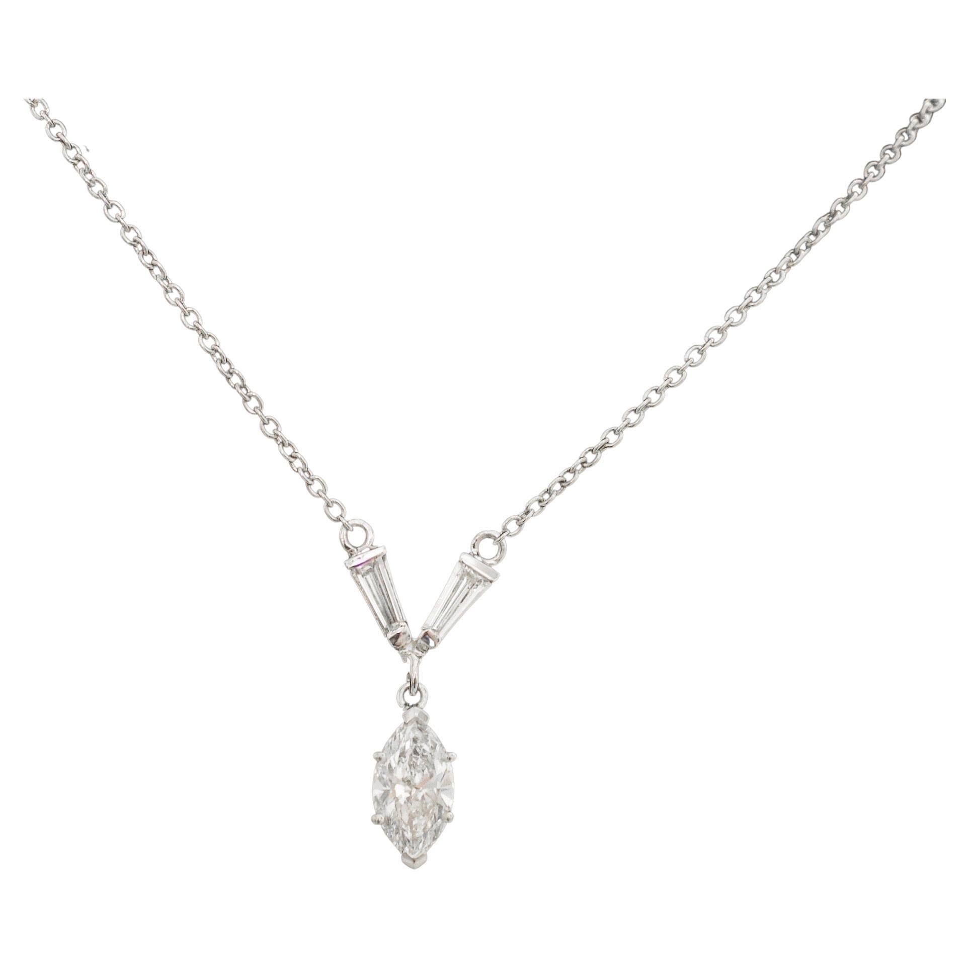 Classic Marquise Diamond Drop Necklace in Platinum GIA E SI1 For Sale