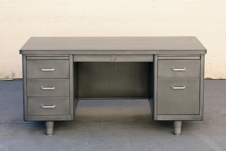 Classic McDowell Craig Tanker Desk Refinished in Natural Steel For Sale