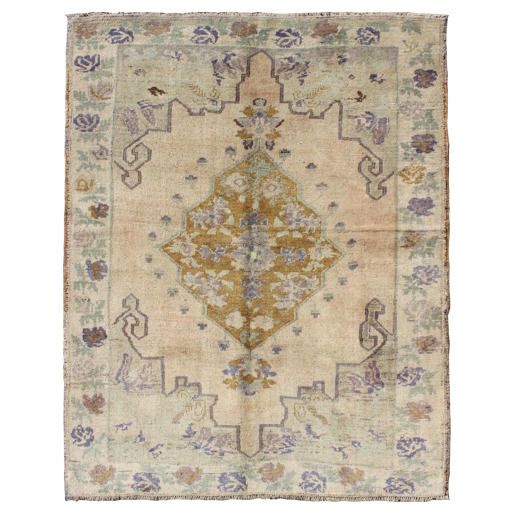 Classic Medallion Oushak Vintage Rug in Taupe, Purple, Cream, Gold and Green