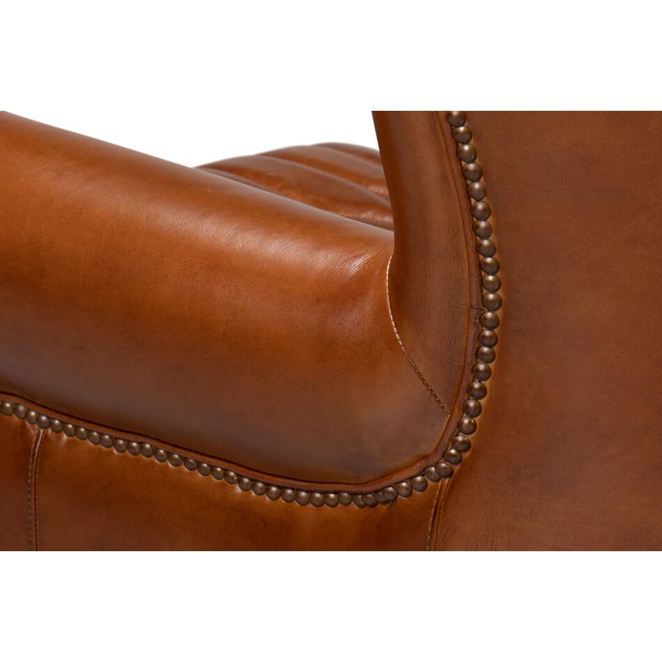 Classic Medium Brown Leather Swivel Chair For Sale 4