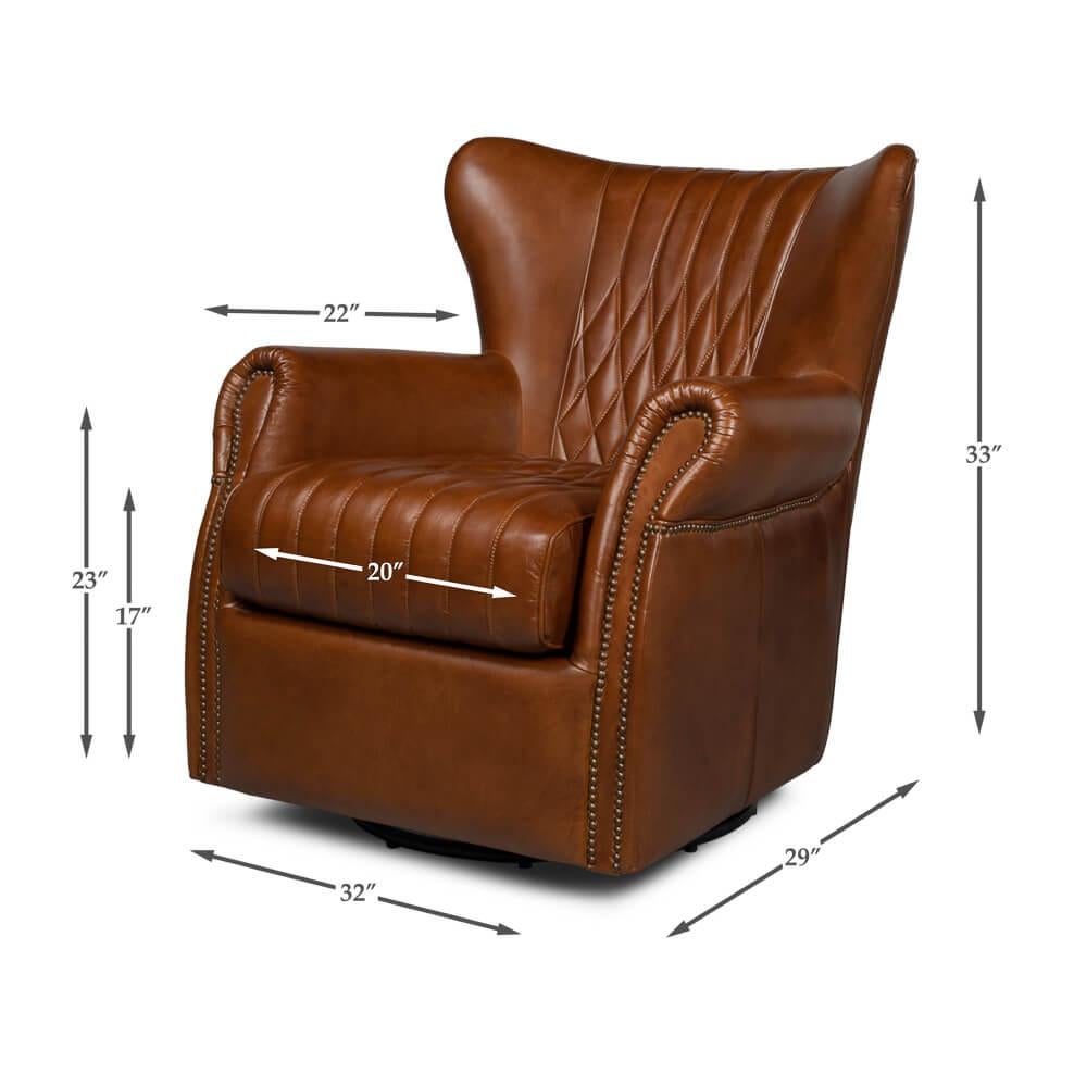 Classic Medium Brown Leather Swivel Chair For Sale 5