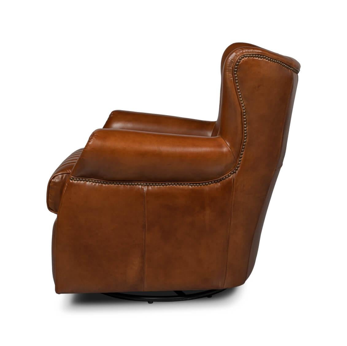 American Classical Classic Medium Brown Leather Swivel Chair For Sale