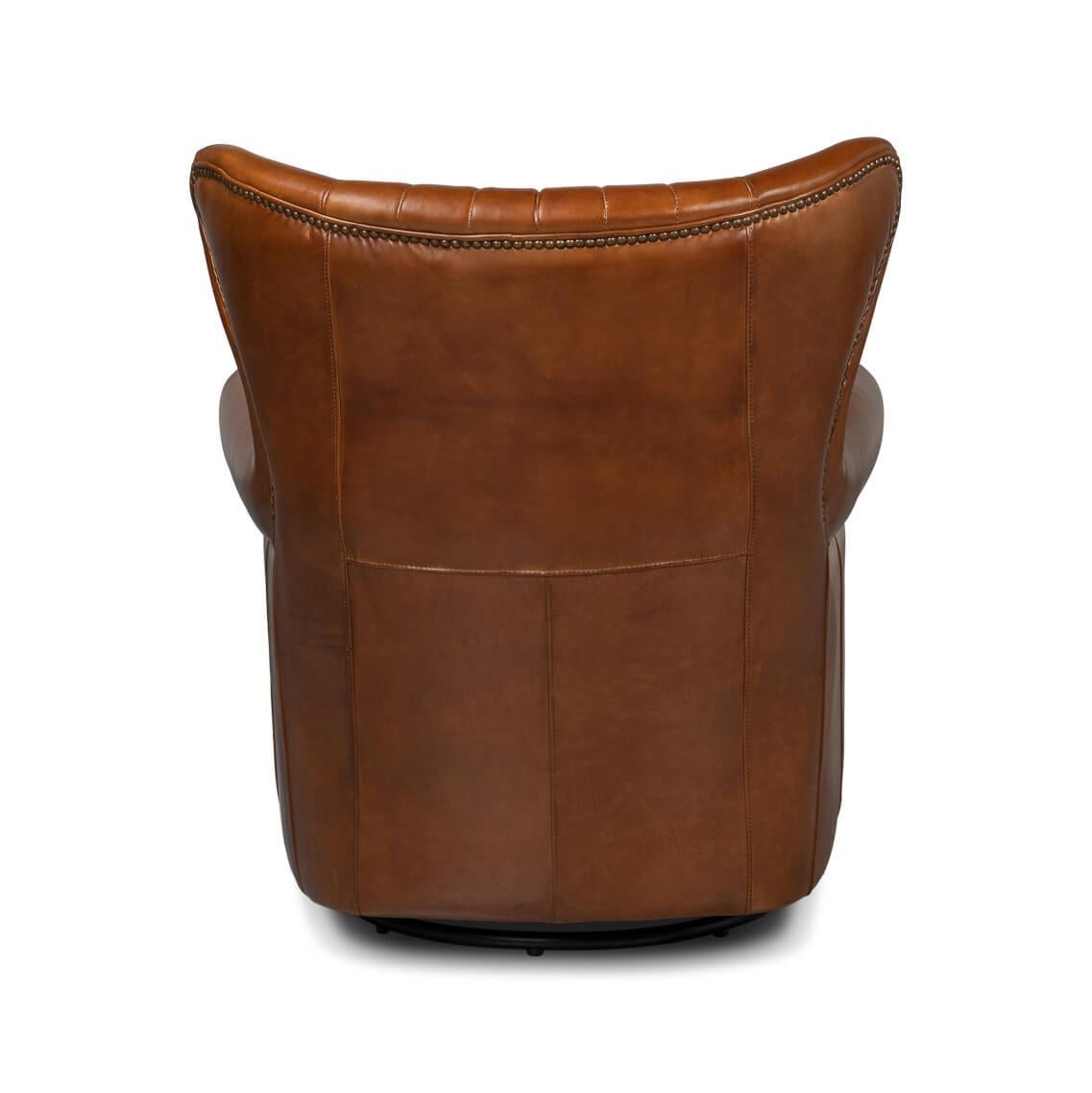 Asian Classic Medium Brown Leather Swivel Chair For Sale