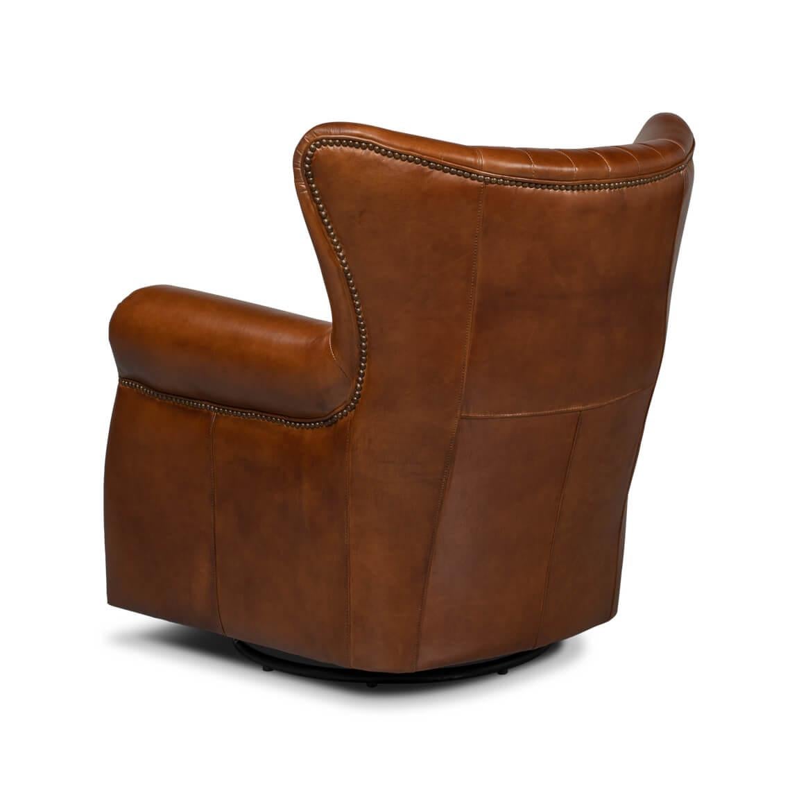 Classic Medium Brown Leather Swivel Chair In New Condition For Sale In Westwood, NJ
