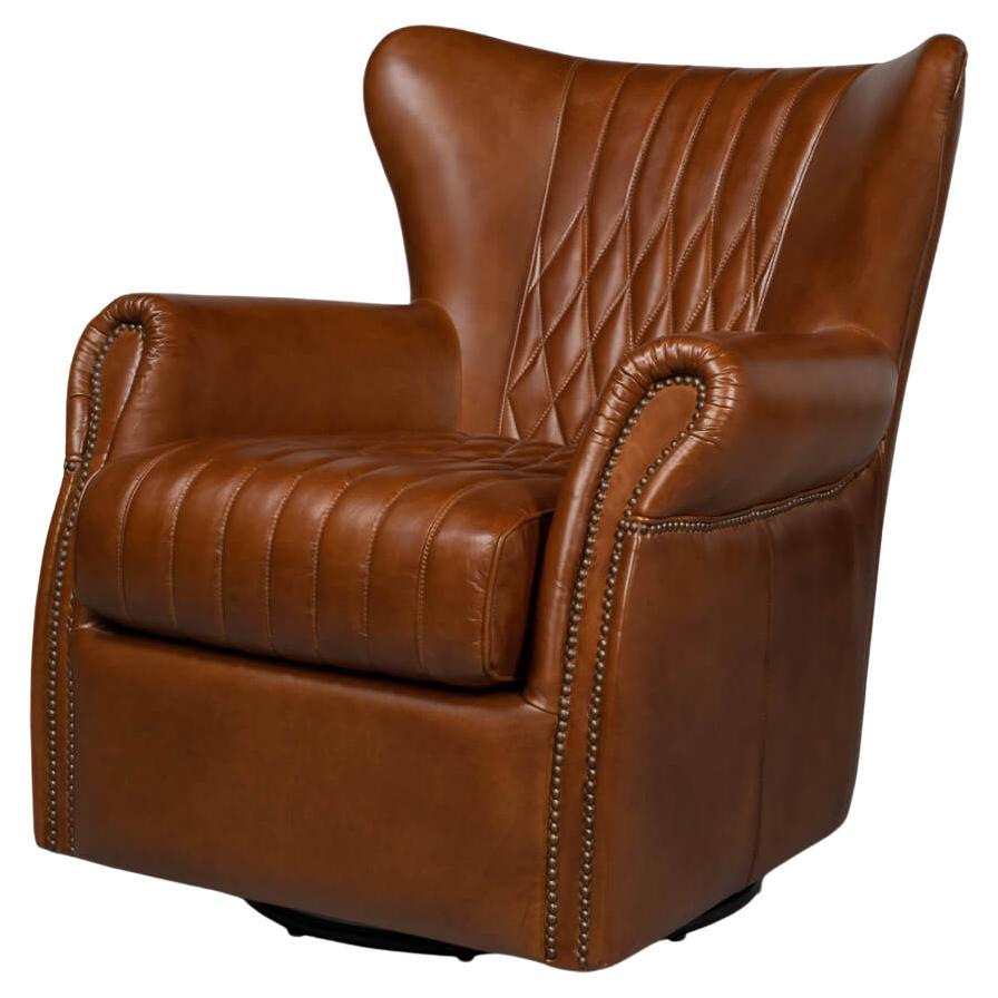 Classic Medium Brown Leather Swivel Chair For Sale