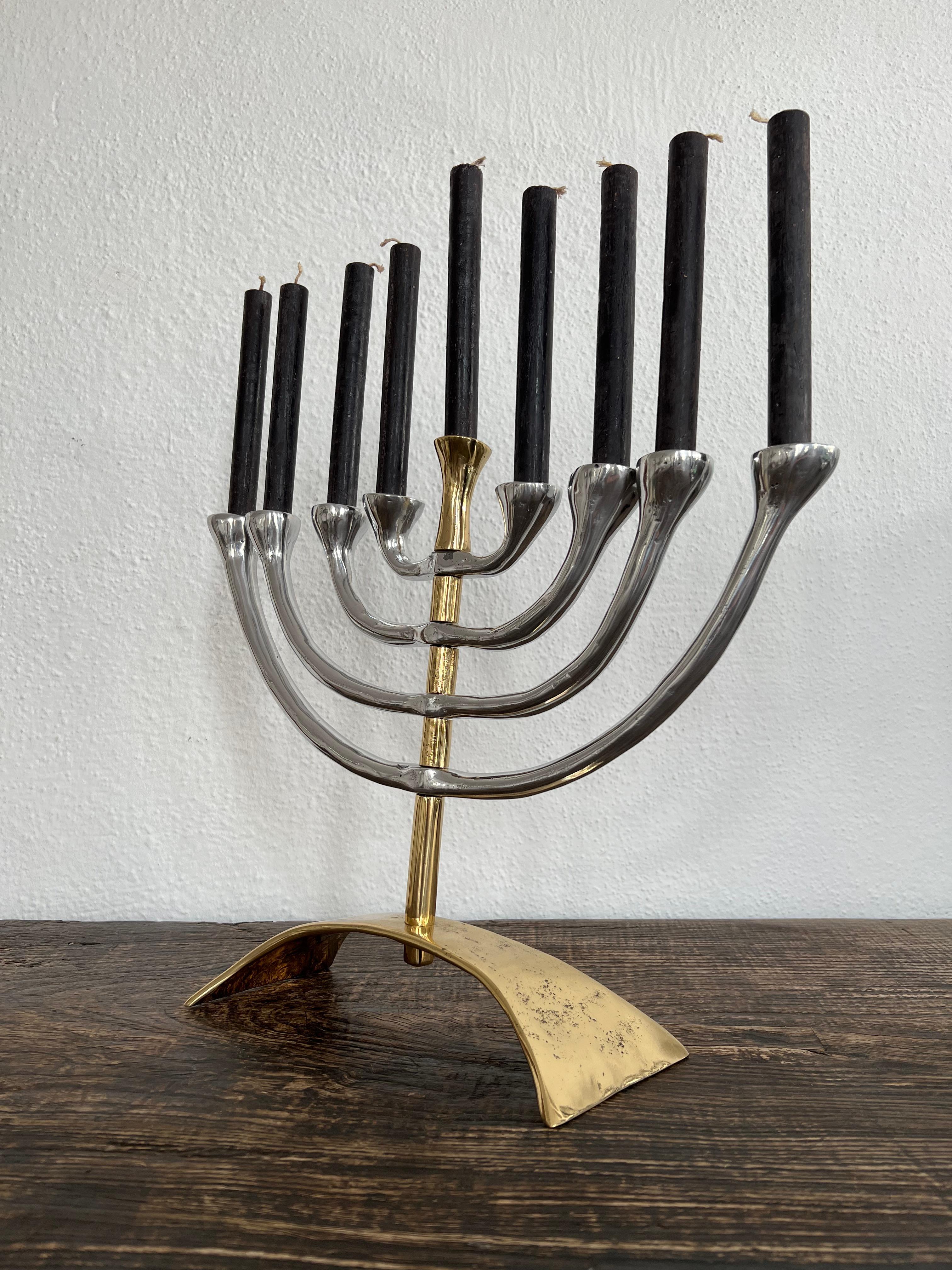 Brutalist Classic Menorah G018 9arms Solid Cast Brass and Aluminum Handmade in Spain For Sale