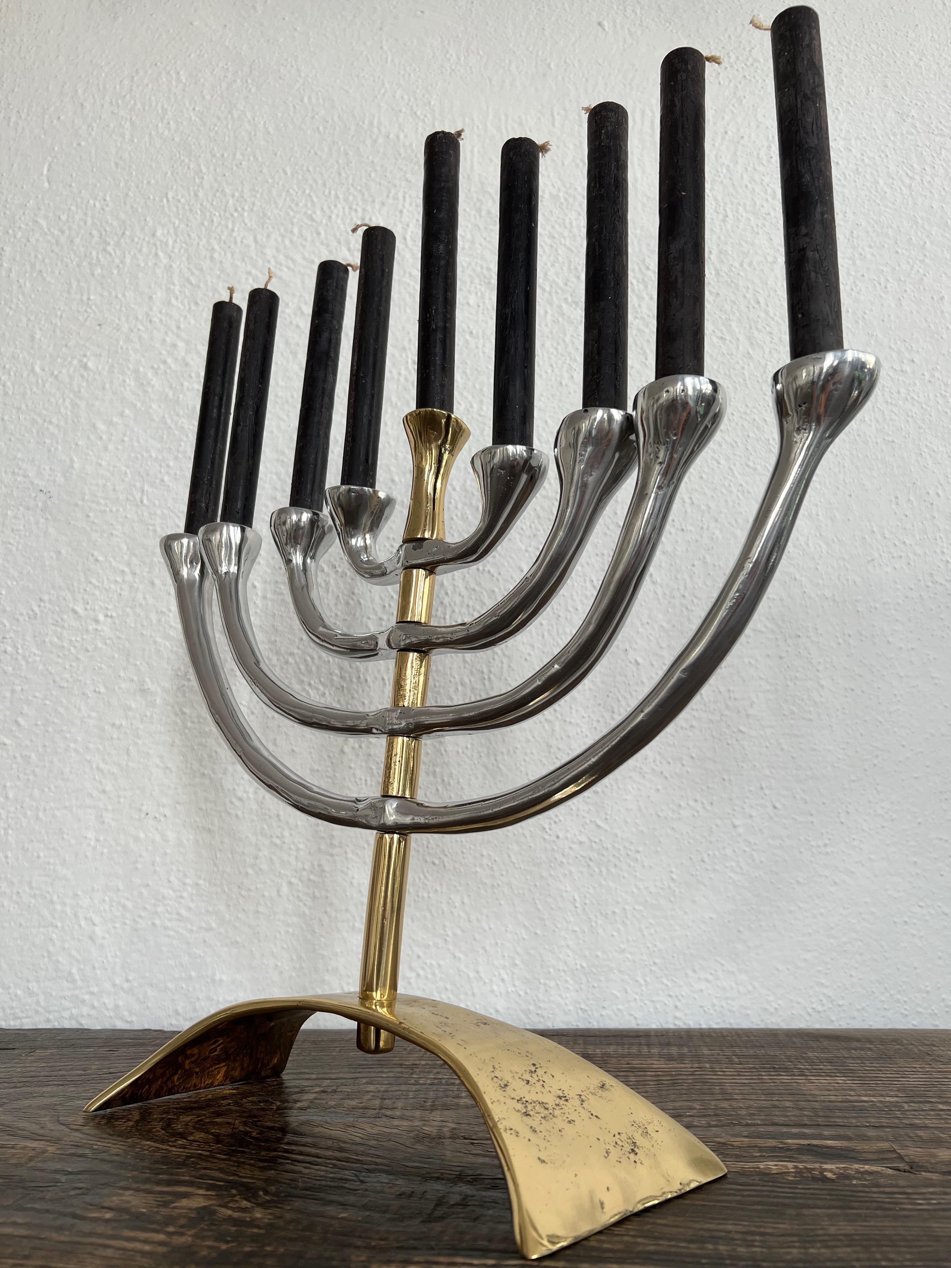 Spanish Classic Menorah G018 9arms Solid Cast Brass and Aluminum Handmade in Spain For Sale
