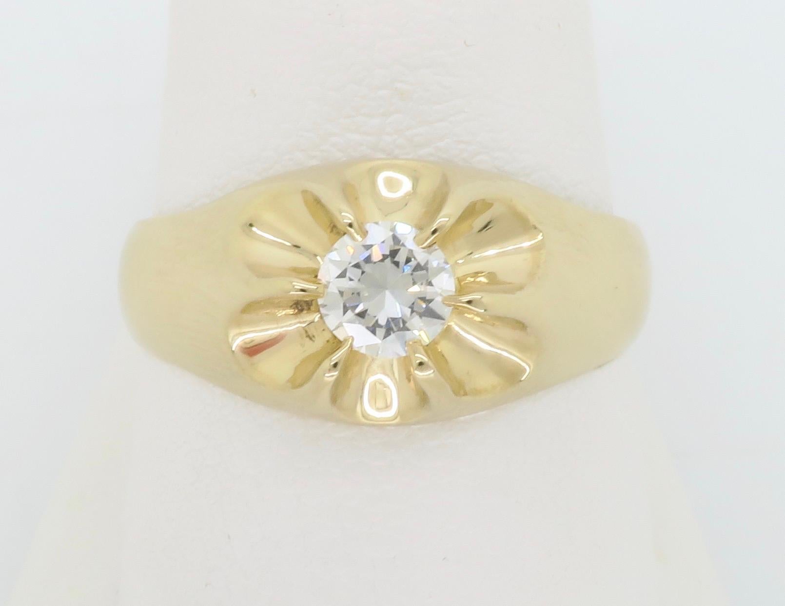 This classic style men's ring features a .45ct Round Diamond in the center. 

Gemstone: Diamond
Diamond Carat Weight: Approximately .45ct
Diamond Cut: Round Brilliant Cut
Color: F
Clarity: VS2
Metal: 14K Yellow Gold
Marked/Tested: Stamped