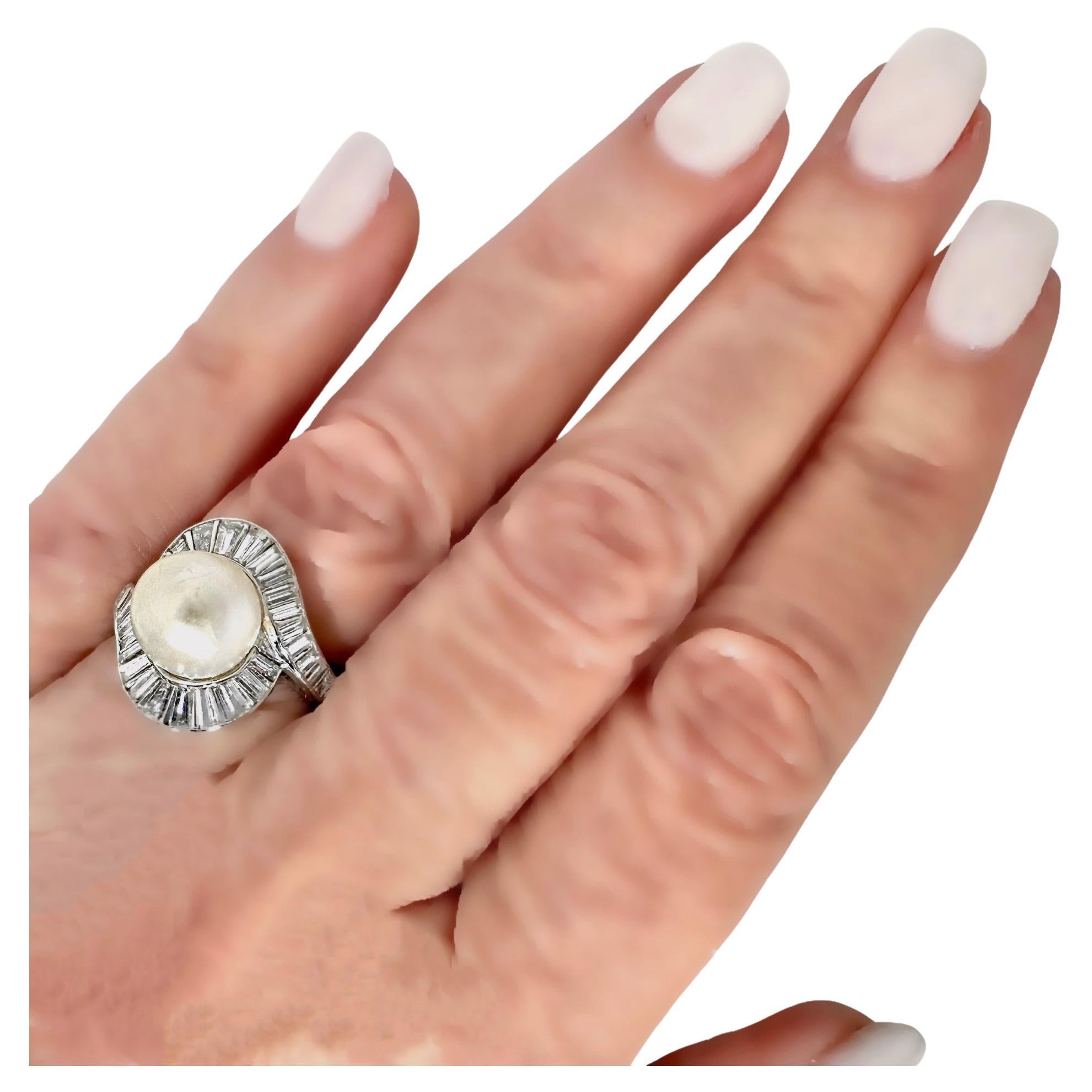 Classic Mid-20th Century Platinum, Natural Pearl,  and Baguette Diamond Ring 4