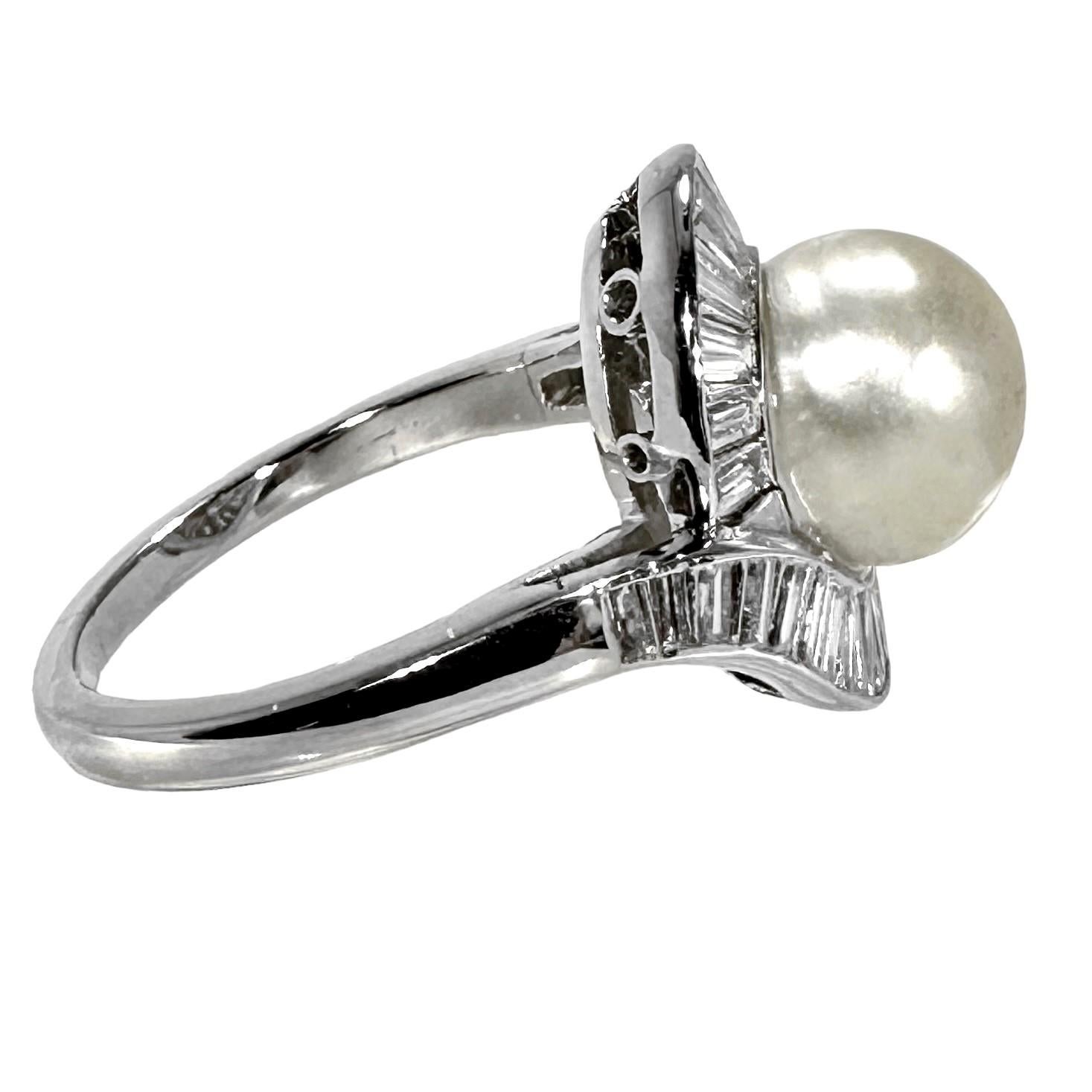 Modern Classic Mid-20th Century Platinum, Natural Pearl,  and Baguette Diamond Ring
