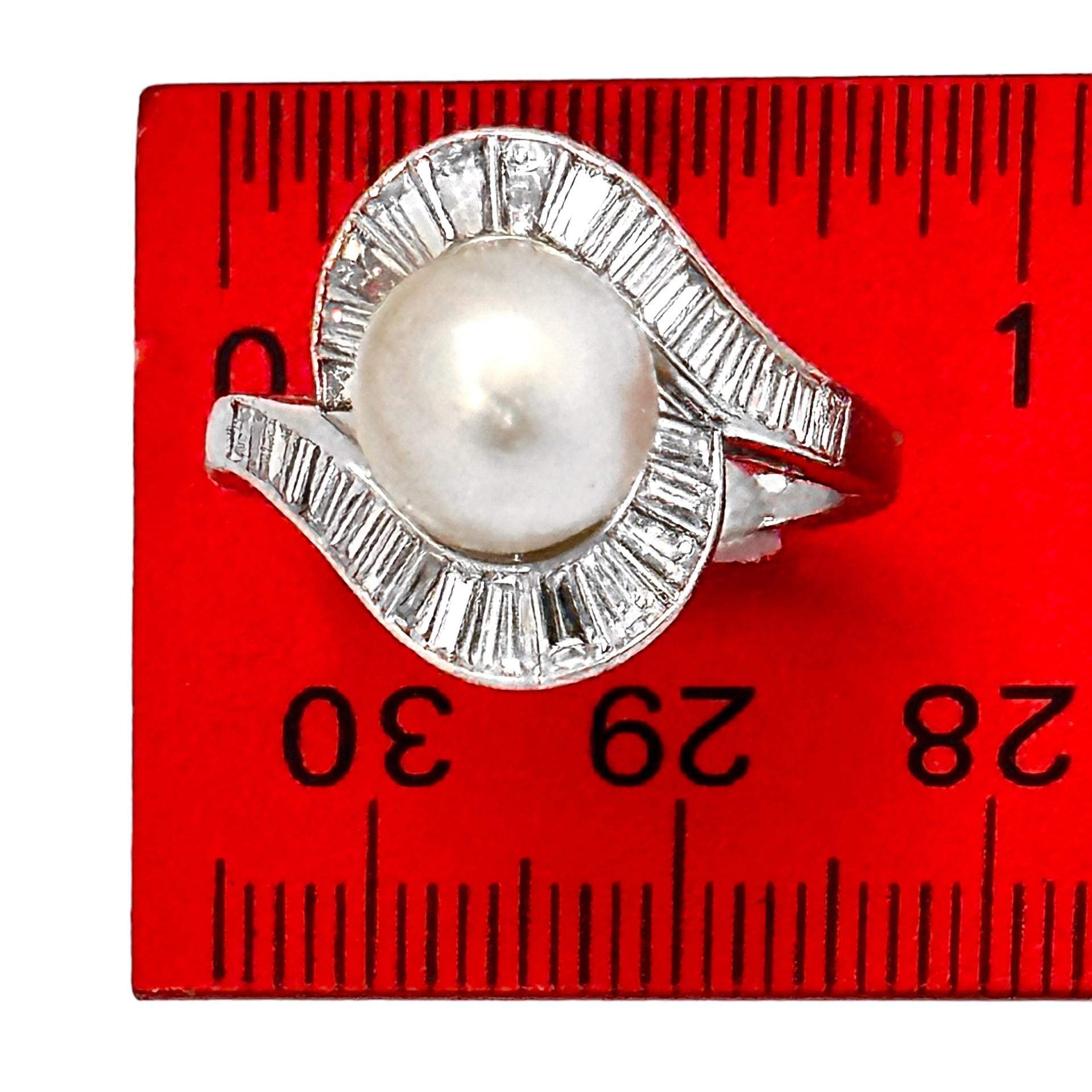 Classic Mid-20th Century Platinum, Natural Pearl,  and Baguette Diamond Ring 1