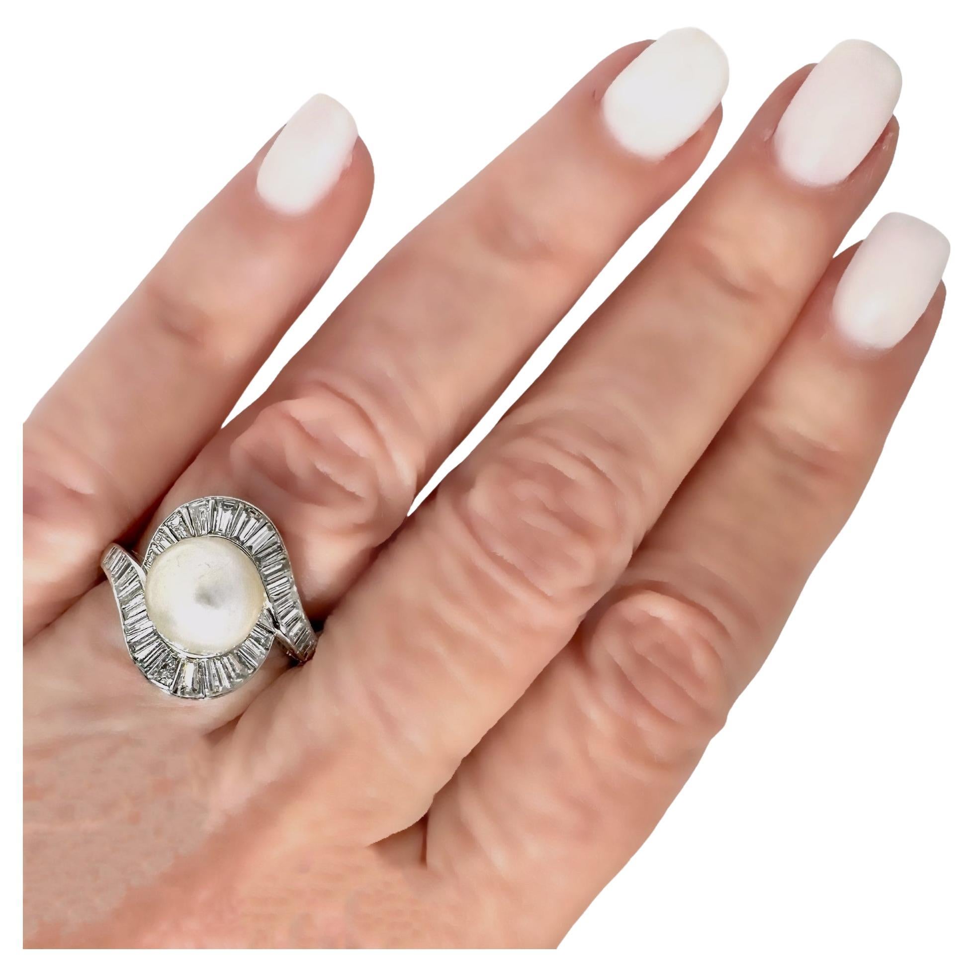 Classic Mid-20th Century Platinum, Natural Pearl,  and Baguette Diamond Ring 3