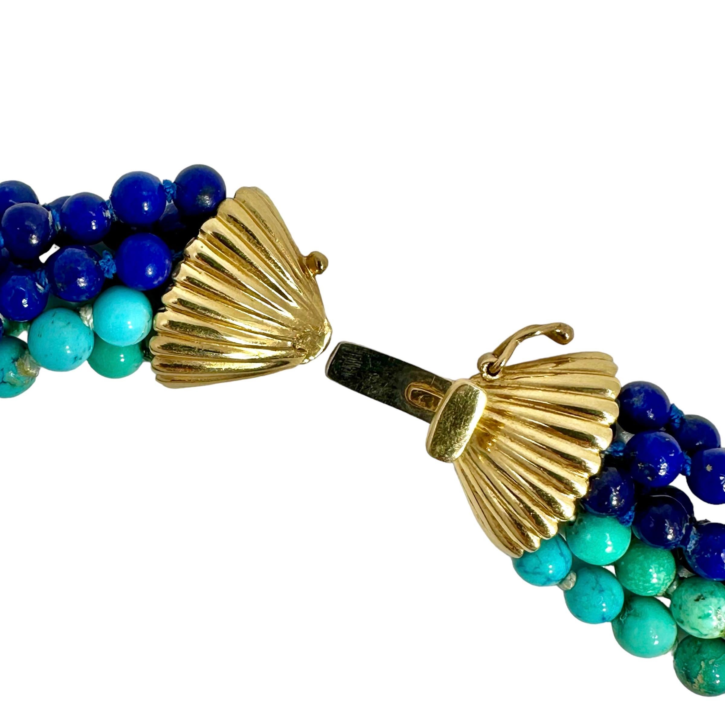 Modern Classic Mid-20th Century Torsade Choker with Lapis, Turquoise and Gold Beads For Sale