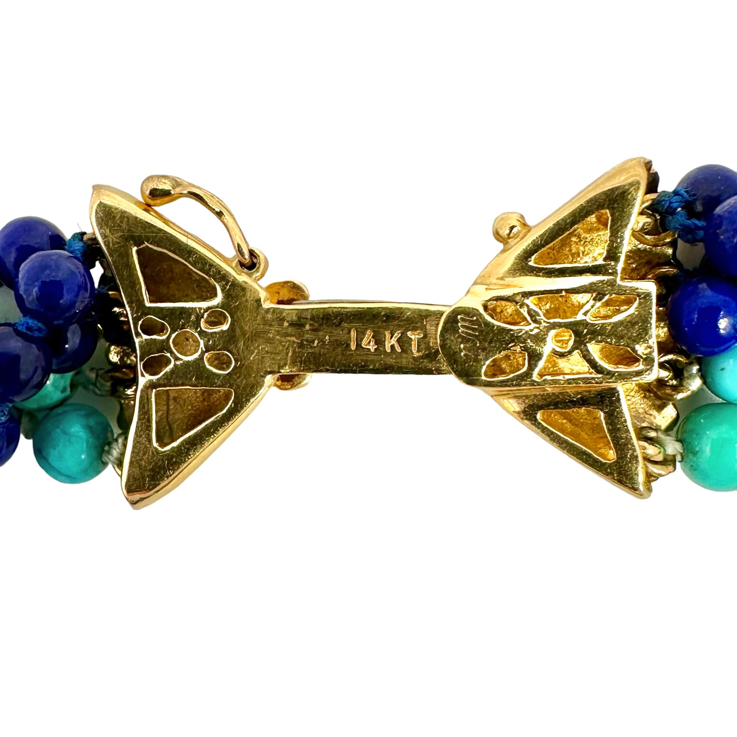 Classic Mid-20th Century Torsade Choker with Lapis, Turquoise and Gold Beads In Good Condition For Sale In Palm Beach, FL