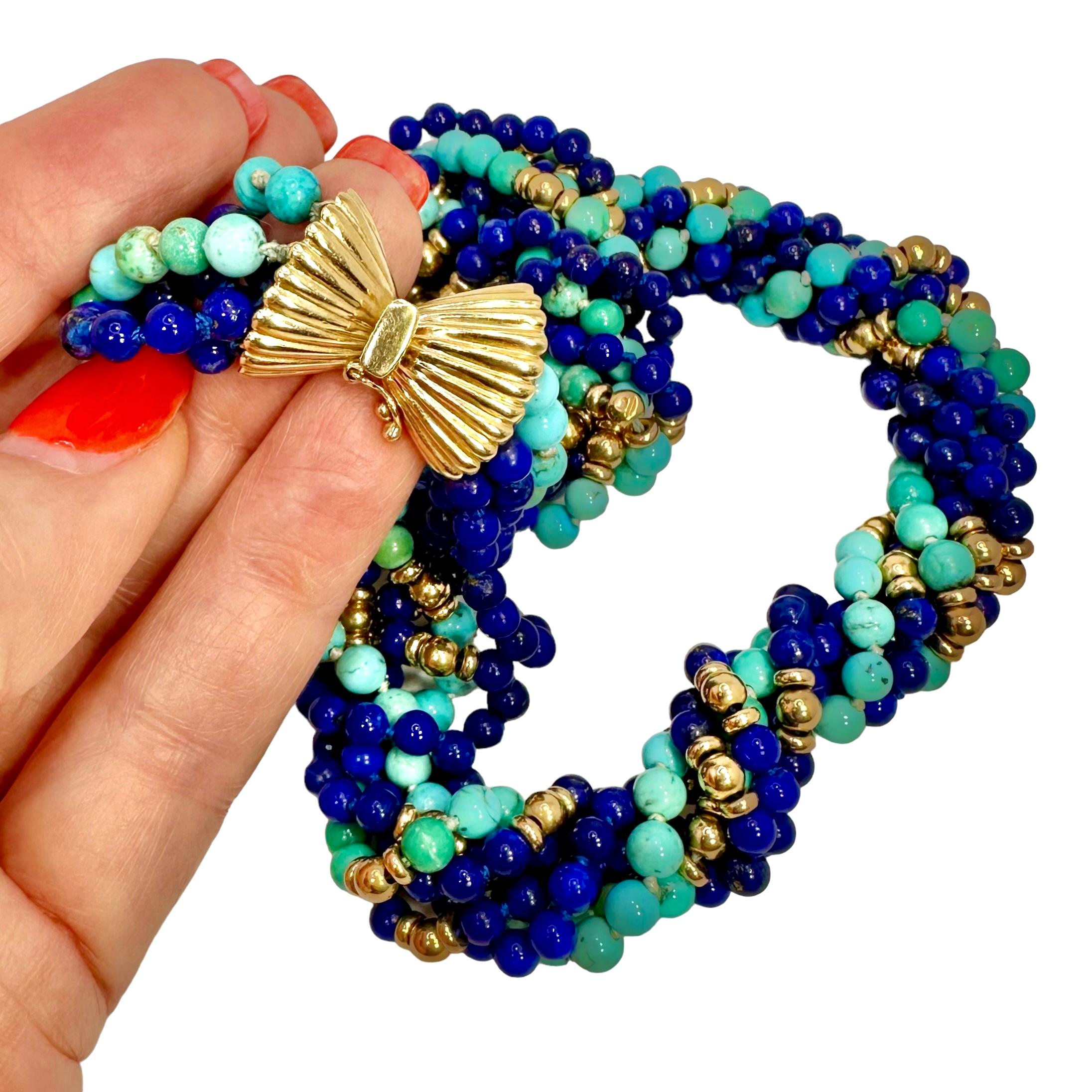 Classic Mid-20th Century Torsade Choker with Lapis, Turquoise and Gold Beads For Sale 2