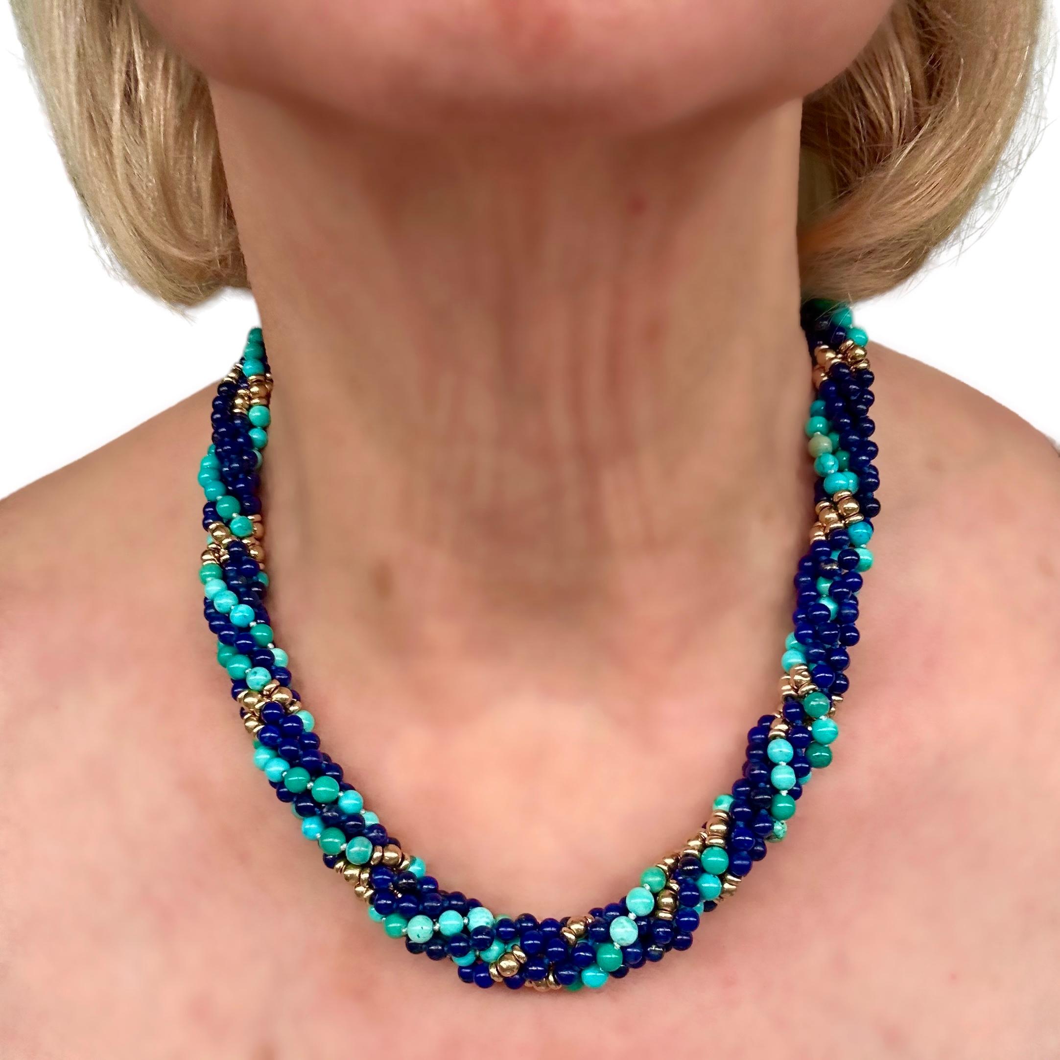 Classic Mid-20th Century Torsade Choker with Lapis, Turquoise and Gold Beads For Sale 3