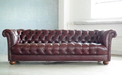 Classic Midcentury Chesterfield Sofa in Cordovan Colored Leather