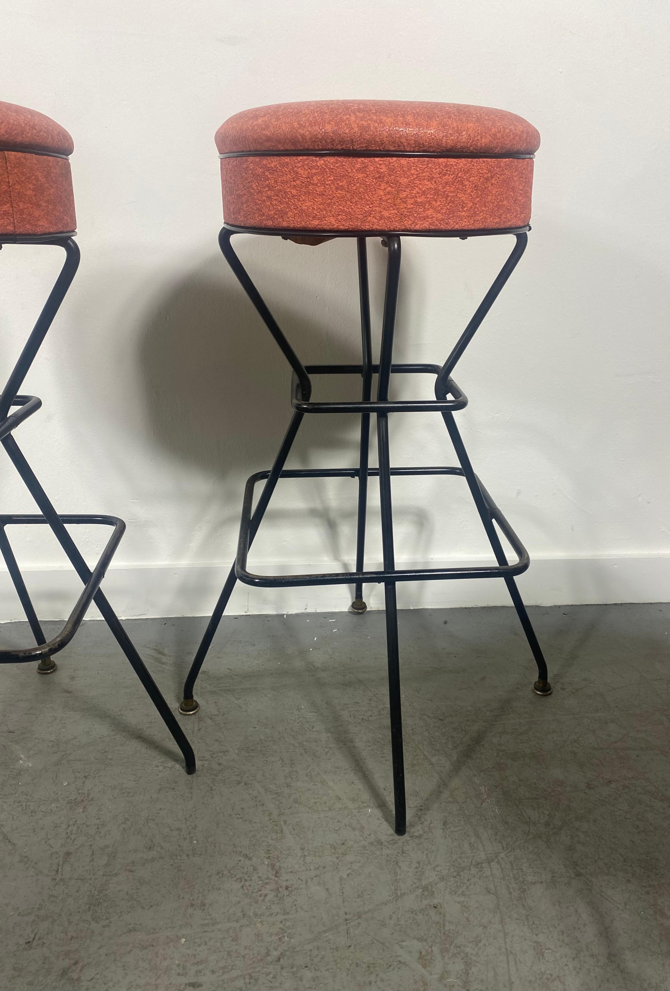 American Classic Midcentury Frederic Weinberg Bar / Counter Stools, Iron and Naugahyde For Sale