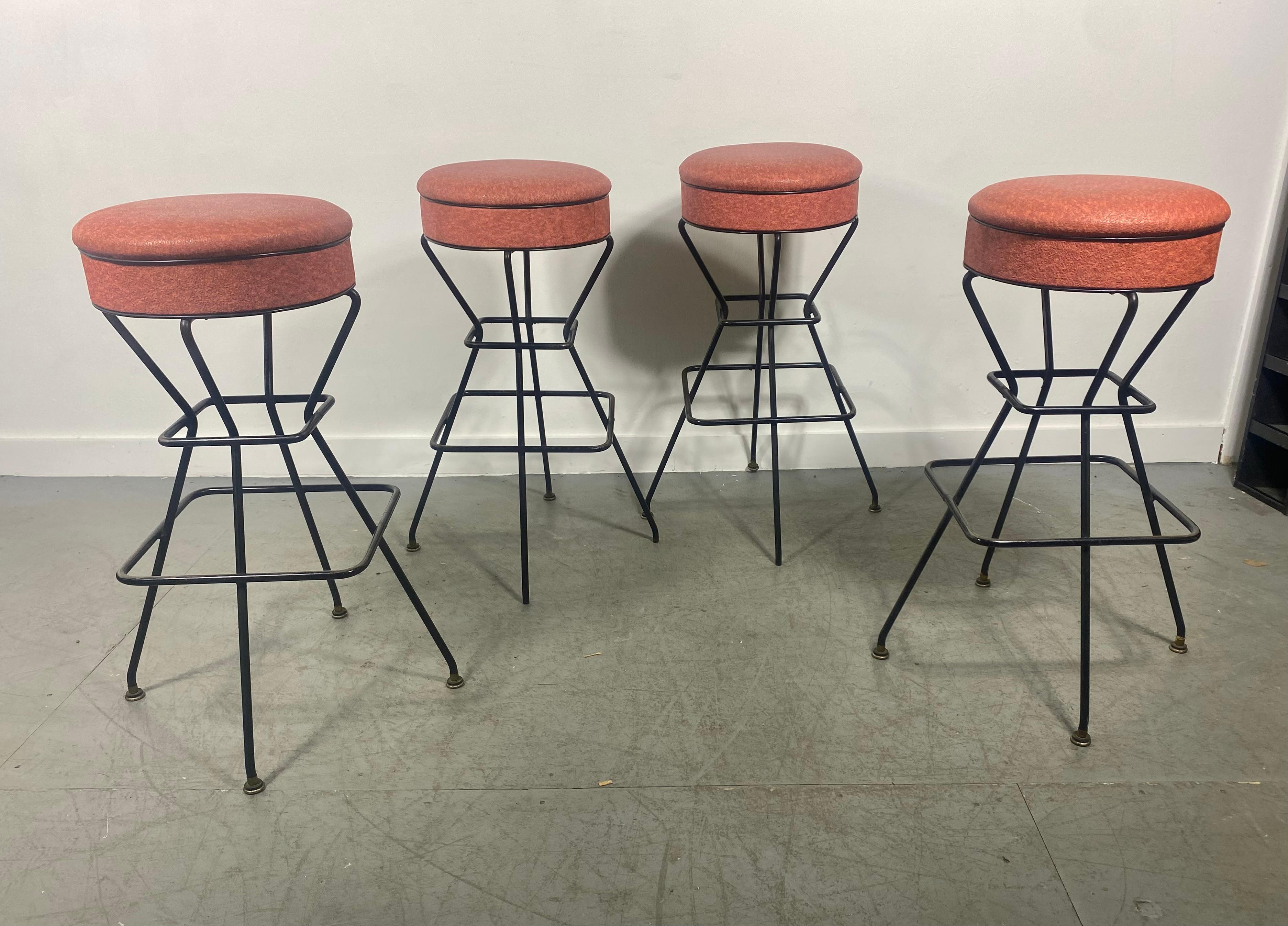 Classic Midcentury Frederic Weinberg Bar / Counter Stools, Iron and Naugahyde In Good Condition For Sale In Buffalo, NY