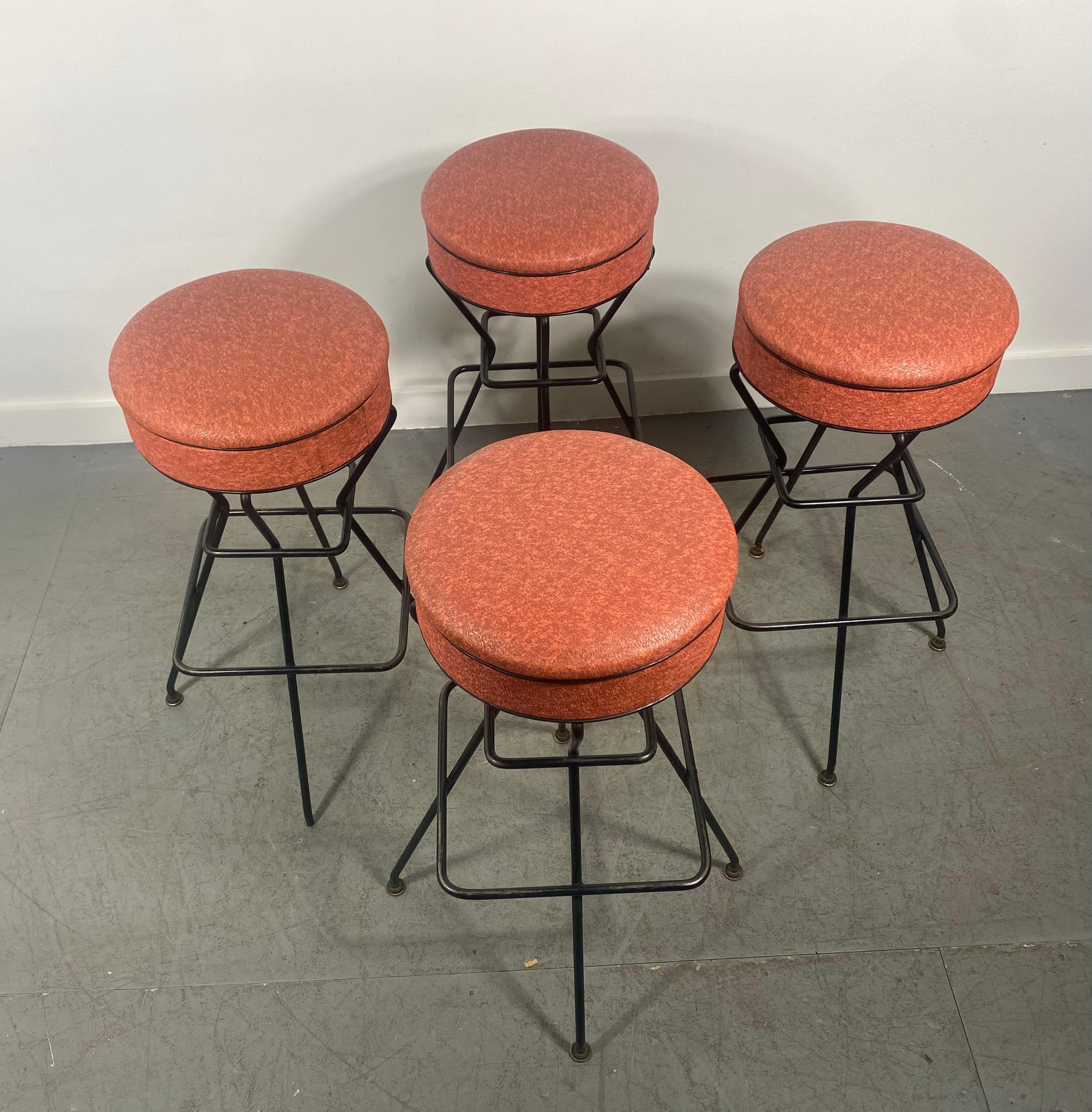 Mid-20th Century Classic Midcentury Frederic Weinberg Bar / Counter Stools, Iron and Naugahyde For Sale