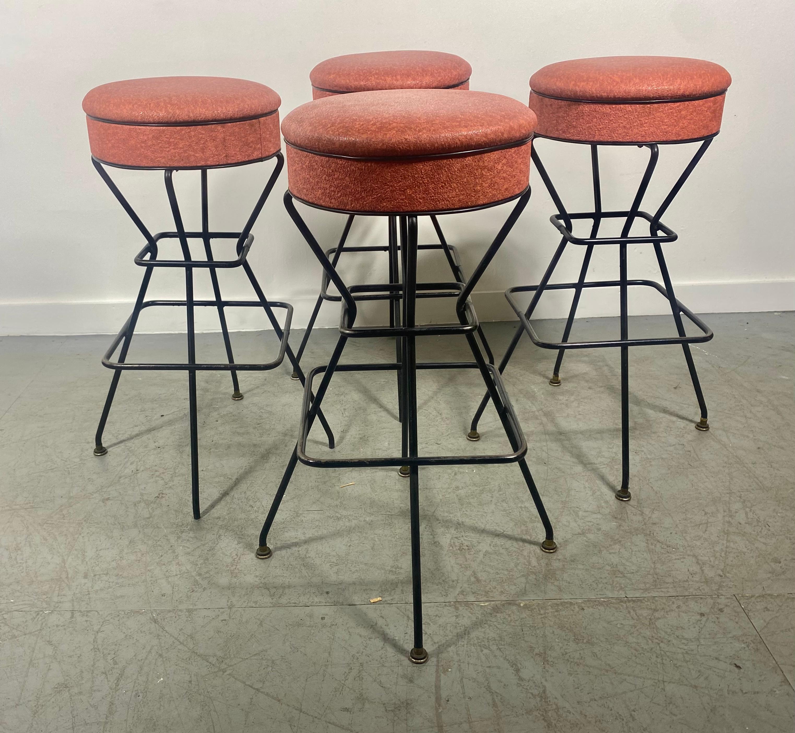 Classic Midcentury Frederic Weinberg Bar / Counter Stools, Iron and Naugahyde For Sale 1