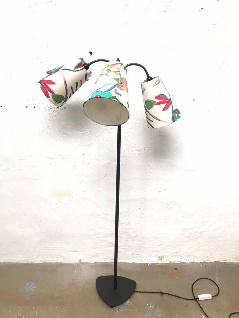Classic midcentury goose neck floor lamp with 3 brass flexible arms.
This beautiful floor lamp was a best seller in Scandinavia during the 1950s and 1960s.
Danish made it has been upgraded with 3 ArtbyMay lamp shades in the manner of Josef