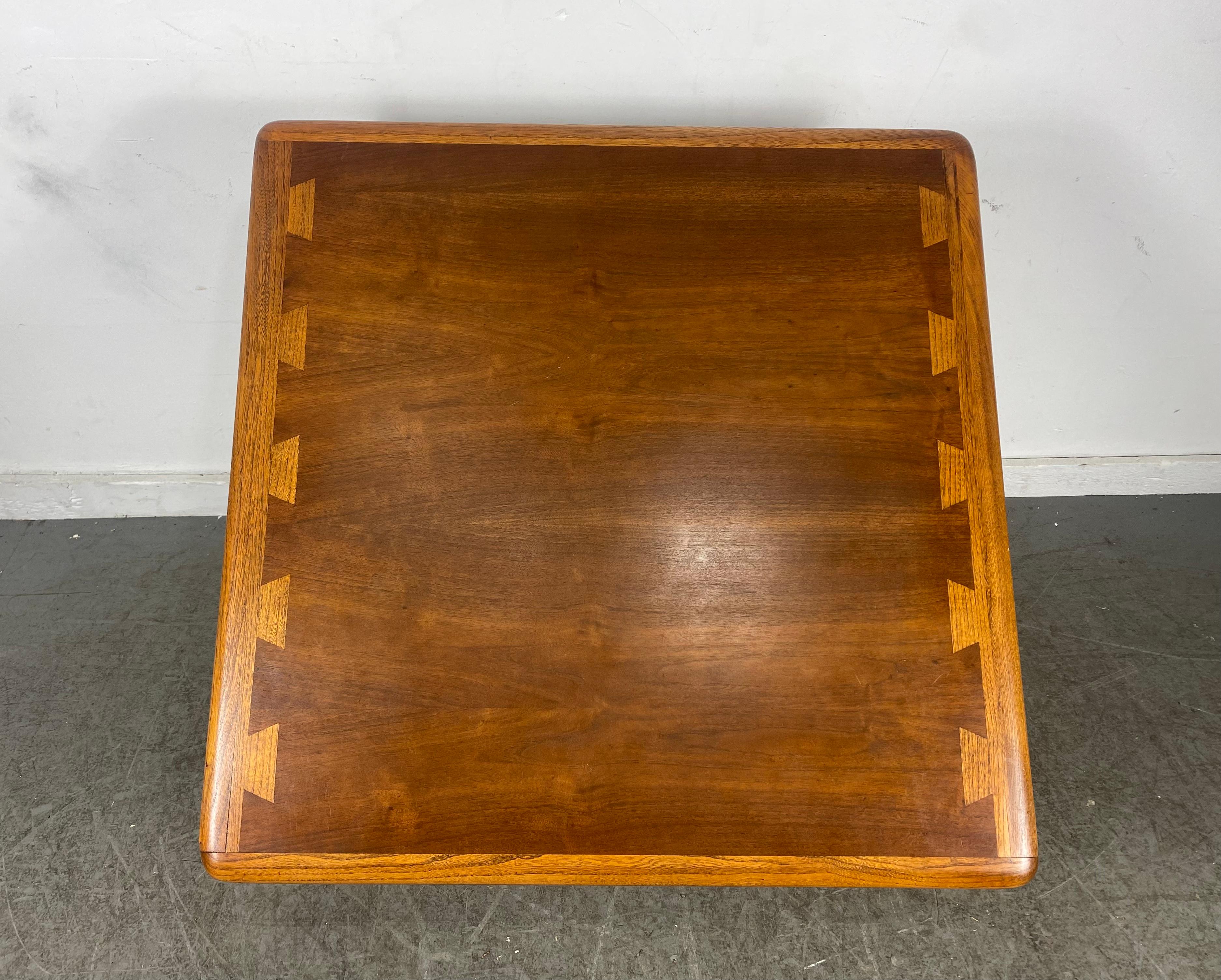 Classic mid century lane acclaim square walnut and oak dovetail coffee table. Professionally restored. Beautiful color / patina. Fit seamlessly into any modern, contemporary , eclectic environment. Hand delivery avail to New York City or anywhere