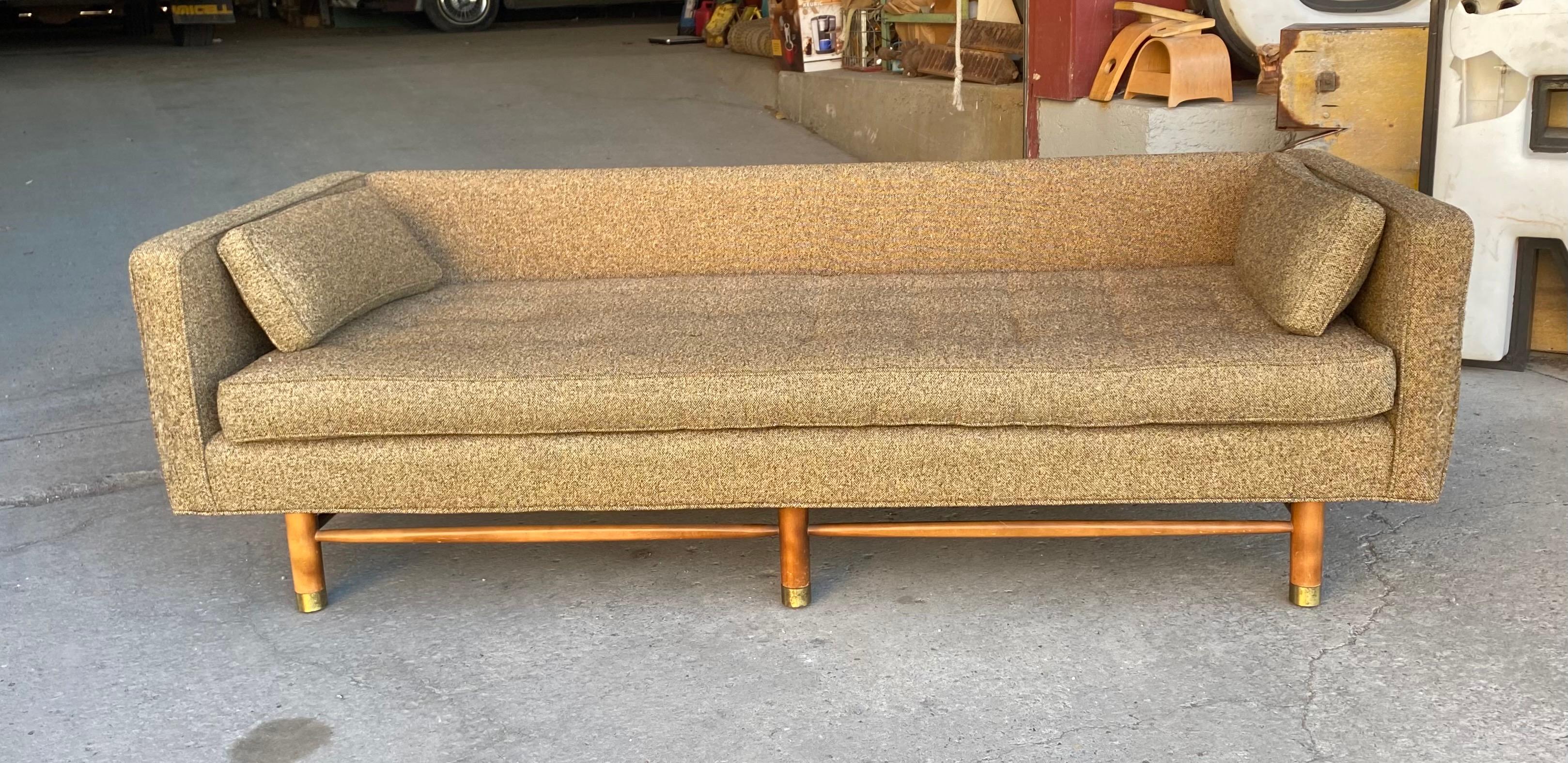 Classic Mid-Century Modern even arm sofa attributed to Harvey Probber, stunning, sleek, simple, elegant design, superior quality and construction, retains original heather brown wool fabric. Nice original condition, hand delivery avail to New York