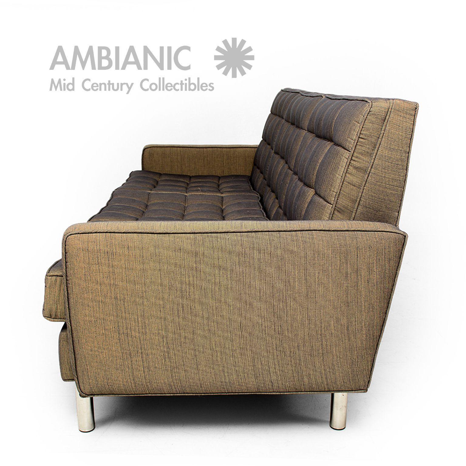 Fabric Classic Mid-Century Modern Florence Knoll Style Tufted Chrome Sofa, 1950s, USA