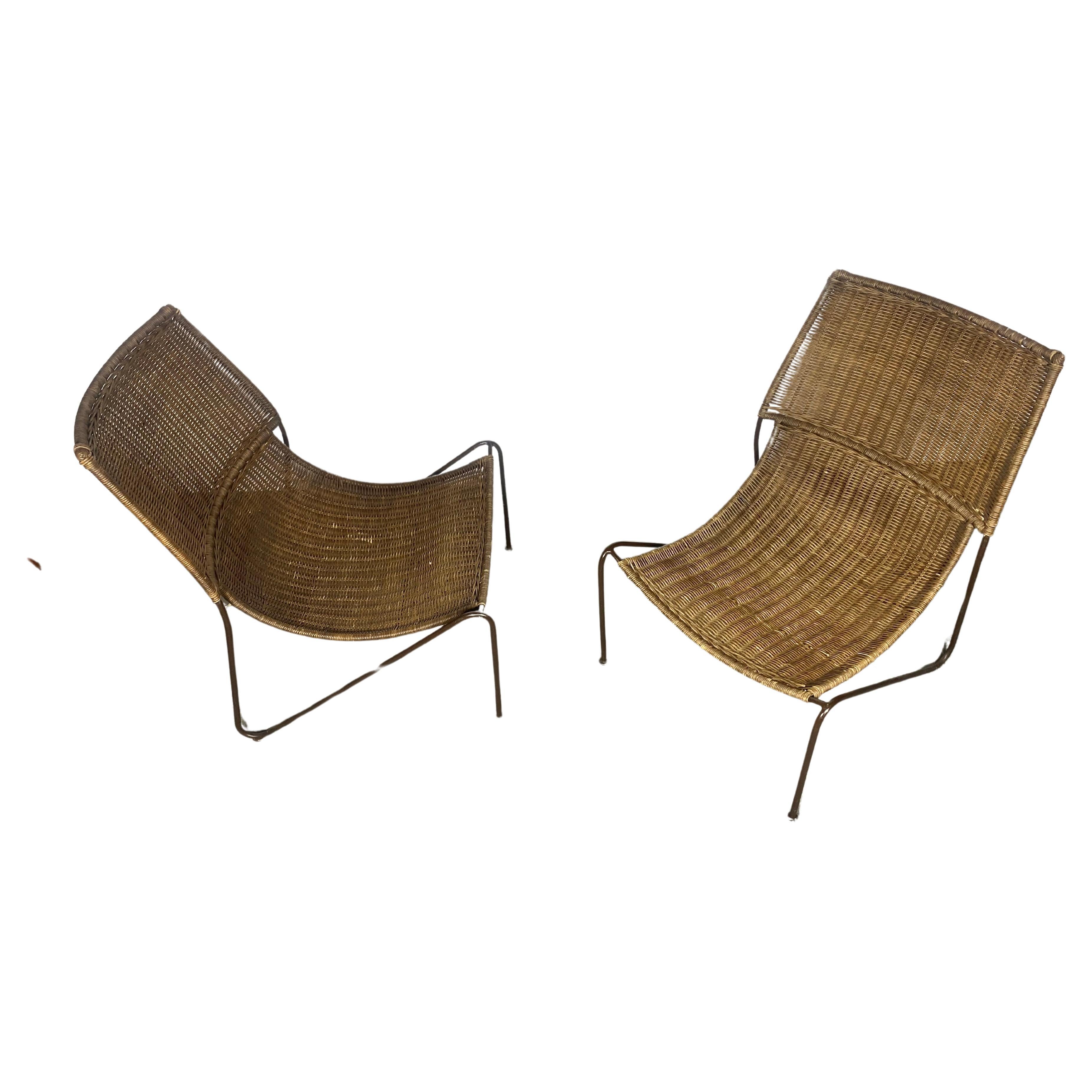 Mid-Century Modern Classic Mid Century Modern Iron and Wicker Sling , lounge chairs .Weinberg Style For Sale