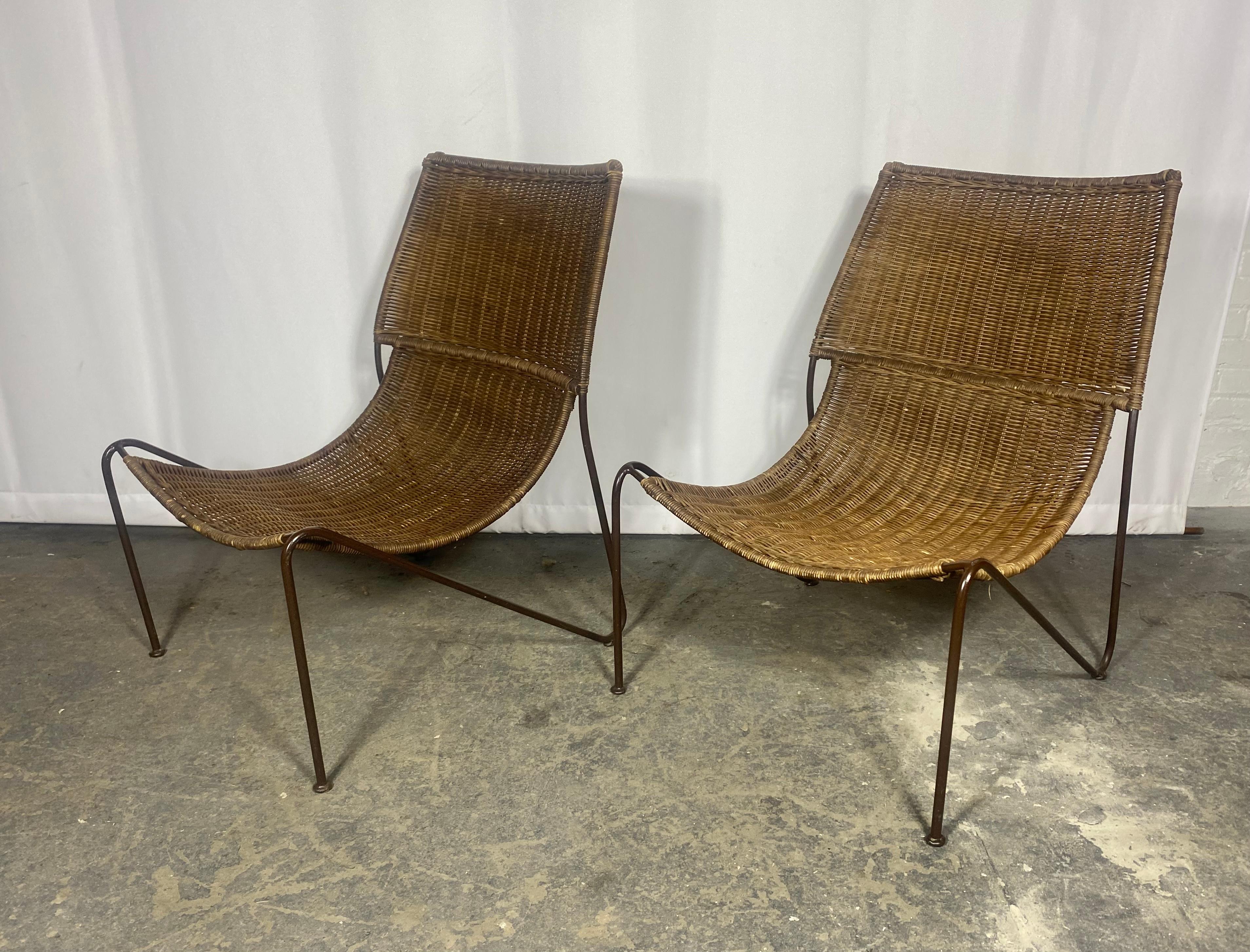 Classic Mid Century Modern Iron and Wicker Sling , lounge chairs .Weinberg Style In Good Condition For Sale In Buffalo, NY