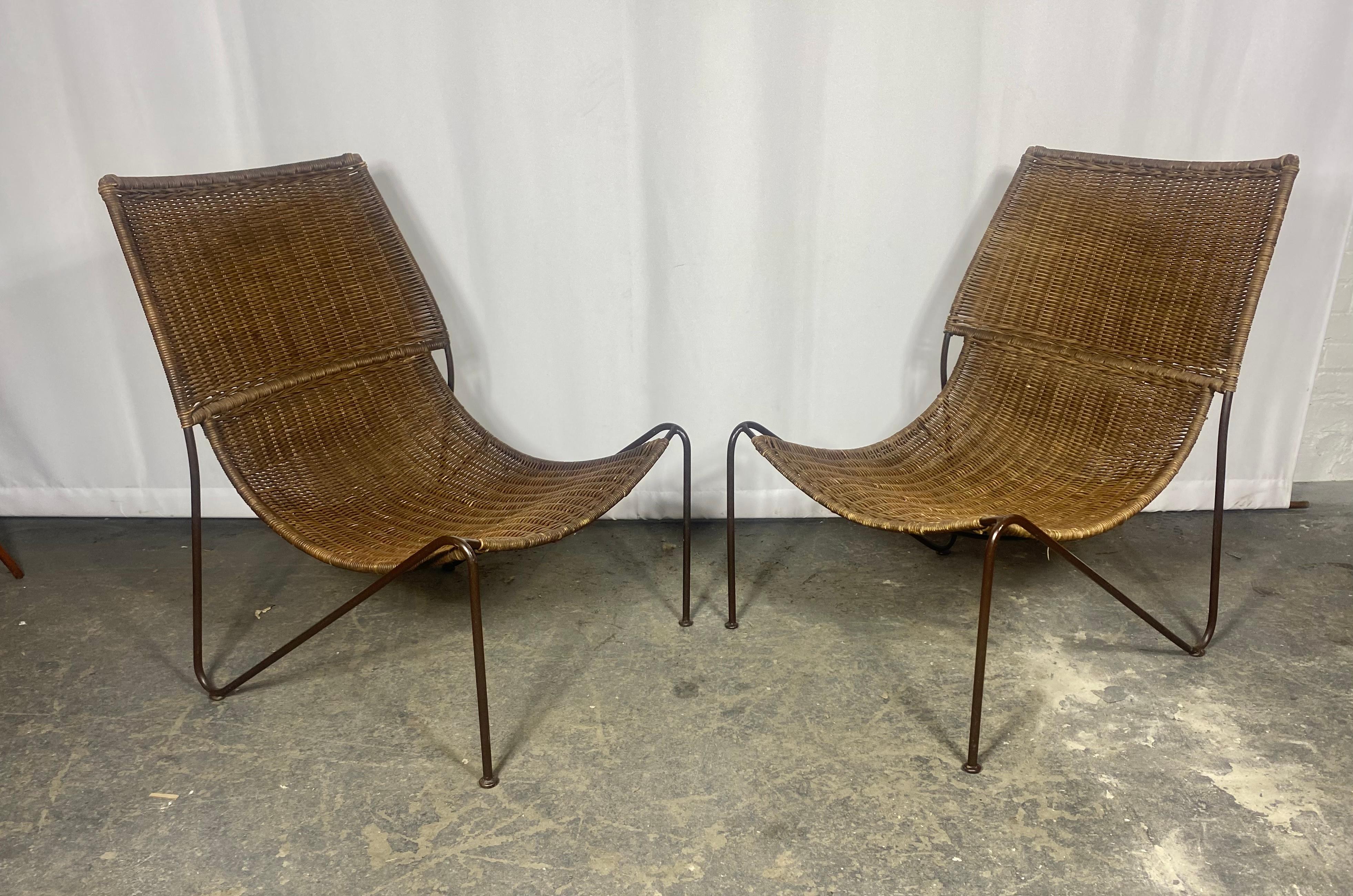 Mid-20th Century Classic Mid Century Modern Iron and Wicker Sling , lounge chairs .Weinberg Style For Sale