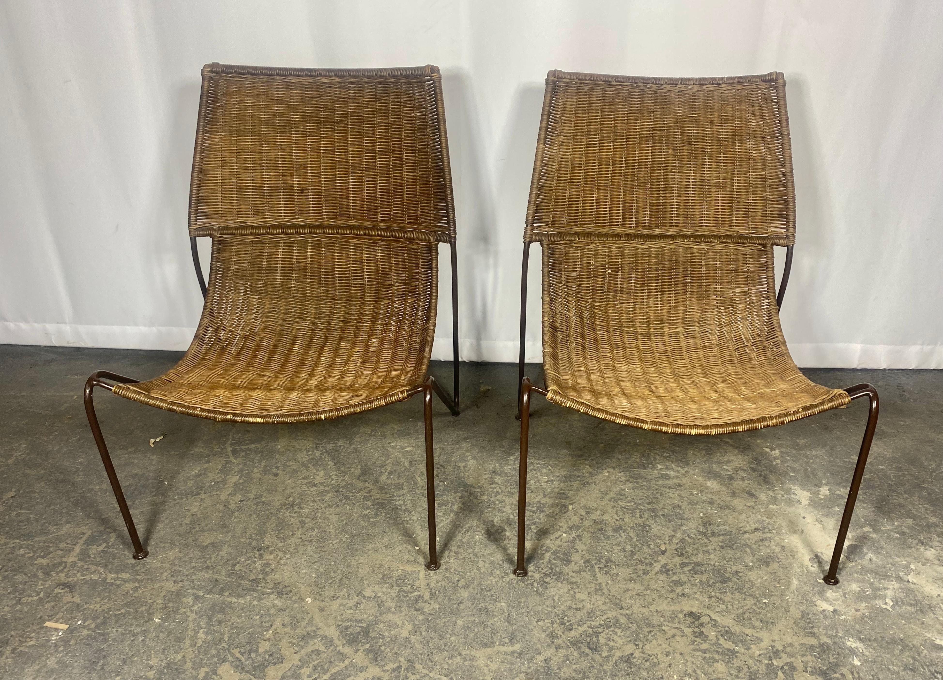 Classic Mid Century Modern Iron and Wicker Sling , lounge chairs .Weinberg Style For Sale 1