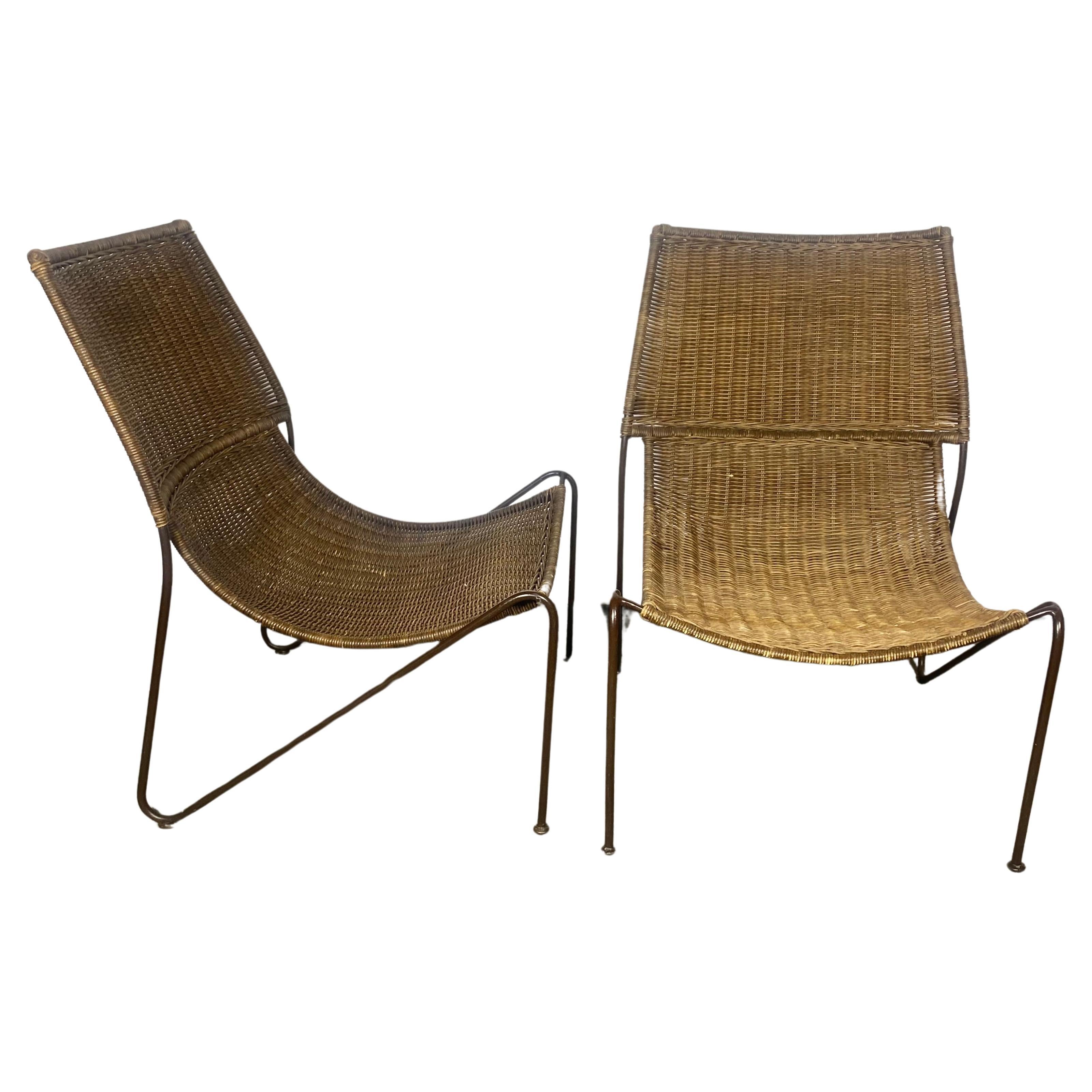 Classic Mid Century Modern Iron and Wicker Sling , lounge chairs .Weinberg Style For Sale