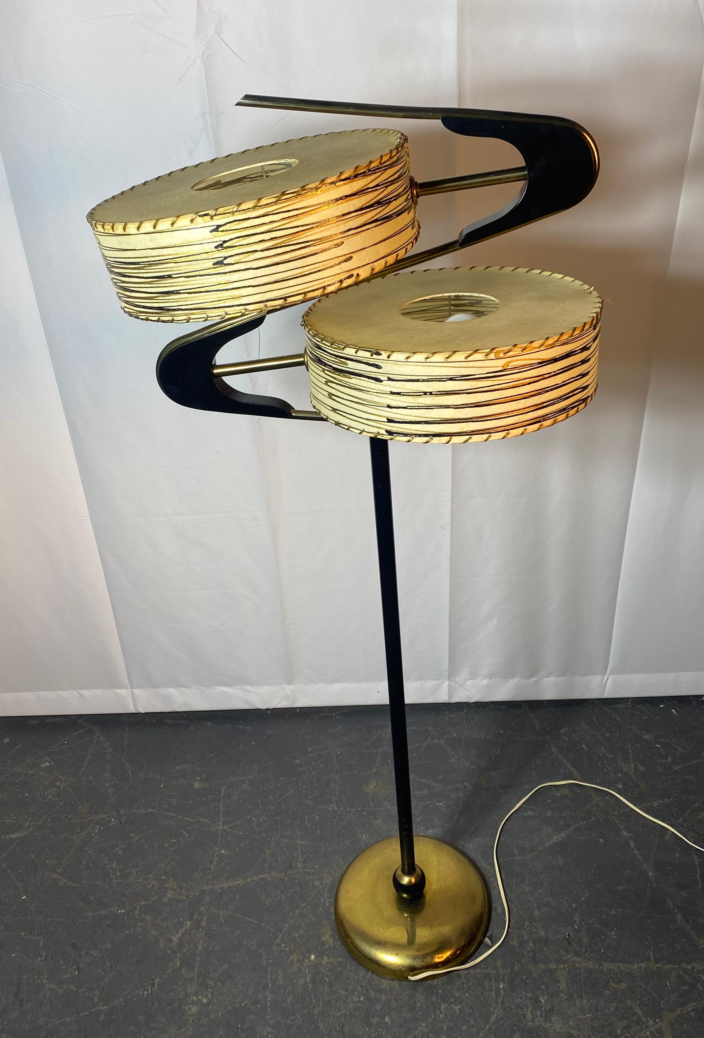 Lacquered Classic Mid Century Modern Parchment shades floor lamp. 