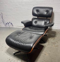 Classic Mid Century Modern Style Plywood and Leather Chair and Ottoman