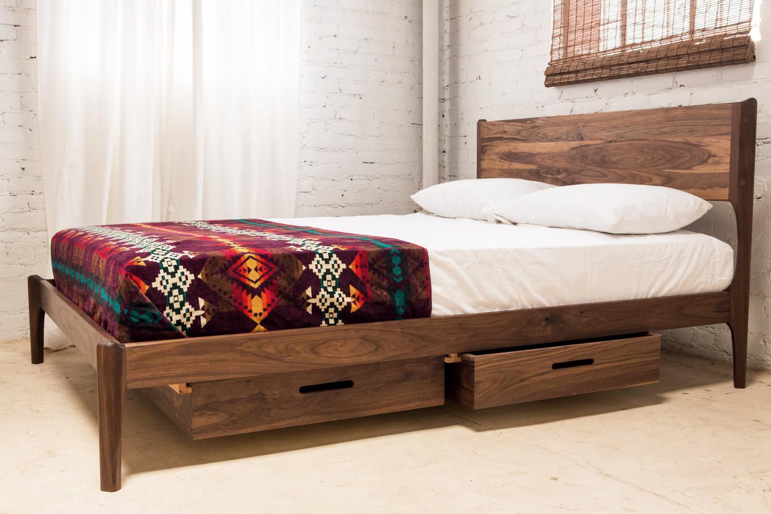 walnut bed frame with storage