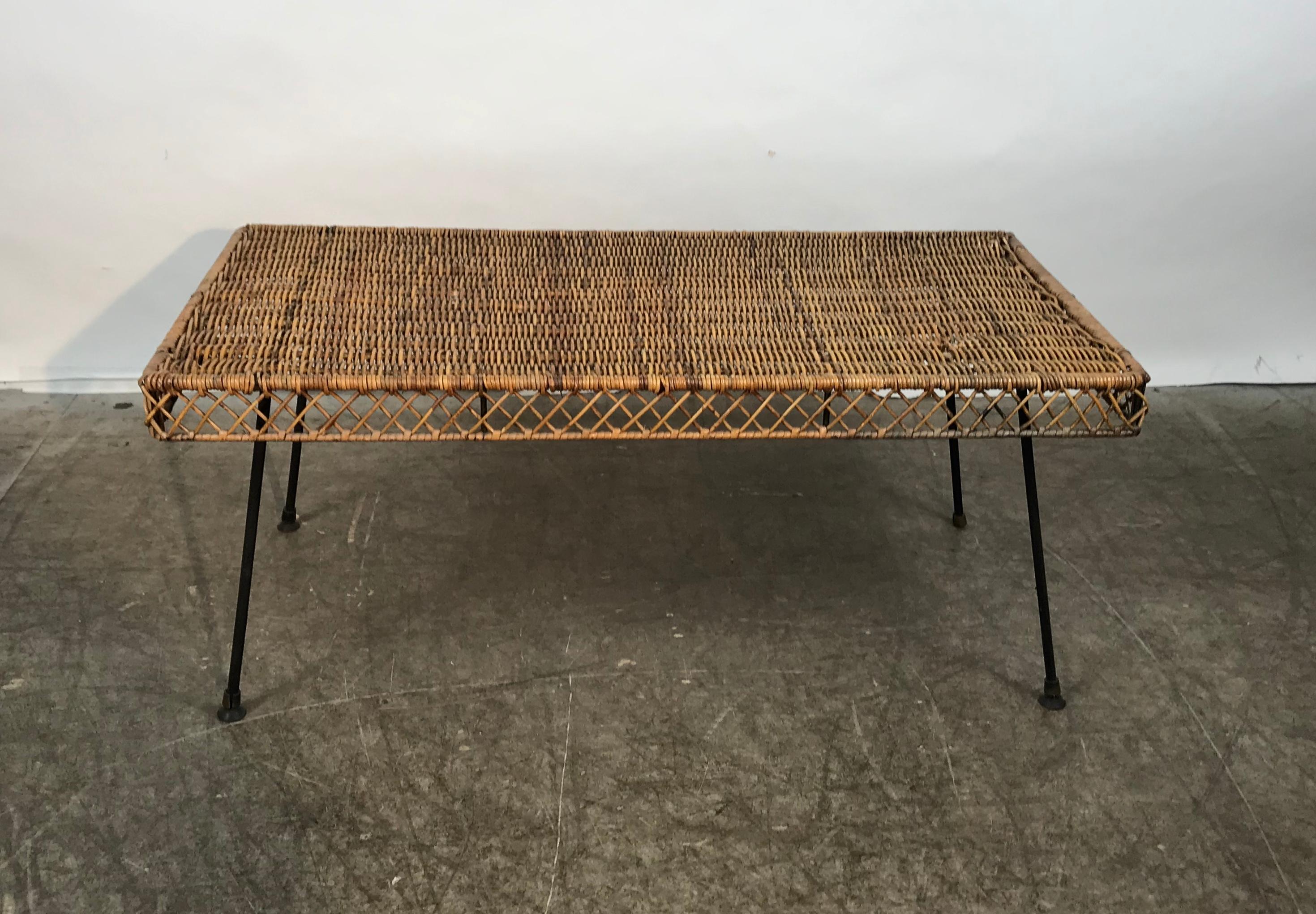 Classic Mid-Century Modern wicker and iron cocktail table by Danny Ho Fong.