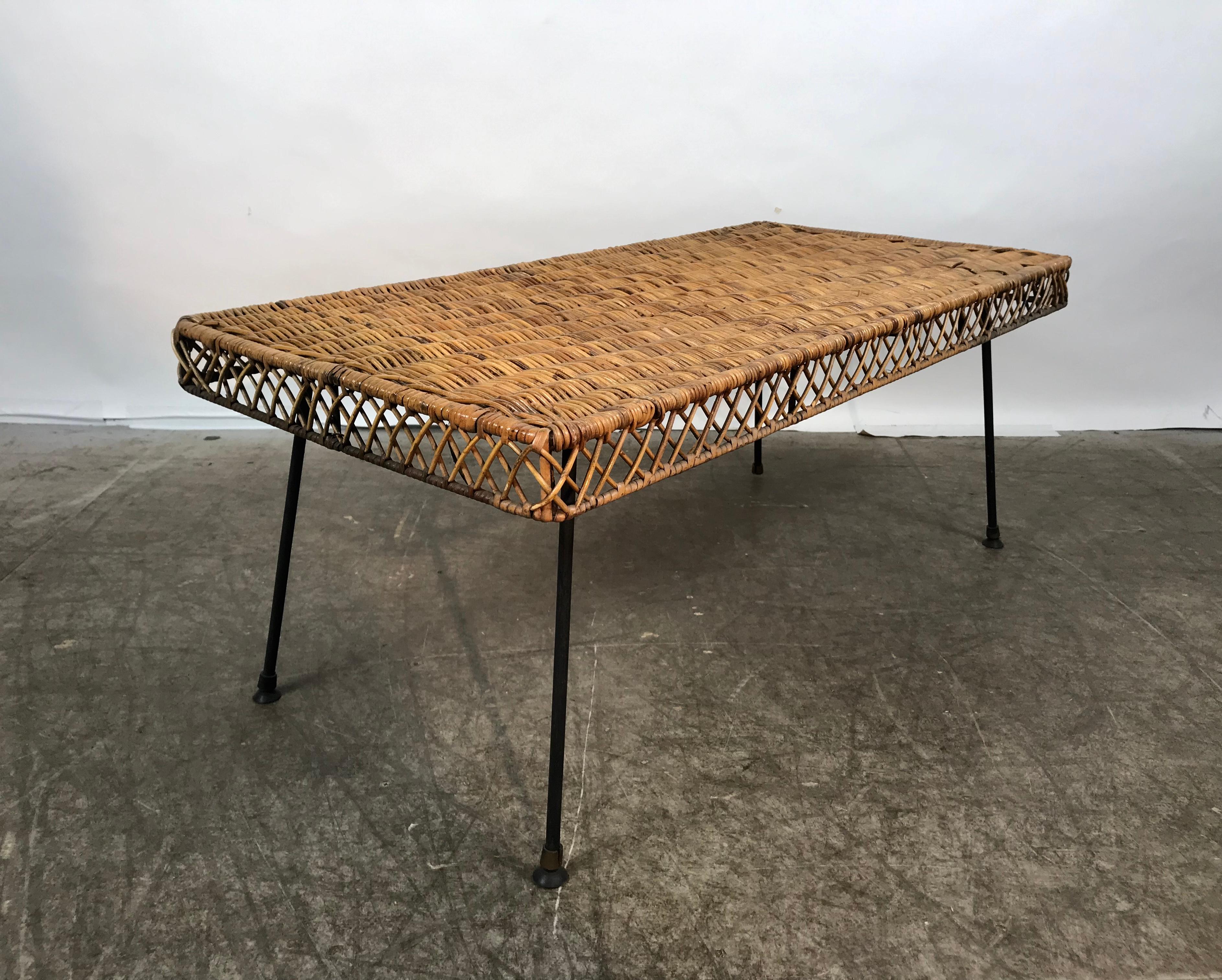 Classic Mid-Century Modern Wicker and Iron Cocktail Table by Danny Ho Fong In Good Condition For Sale In Buffalo, NY